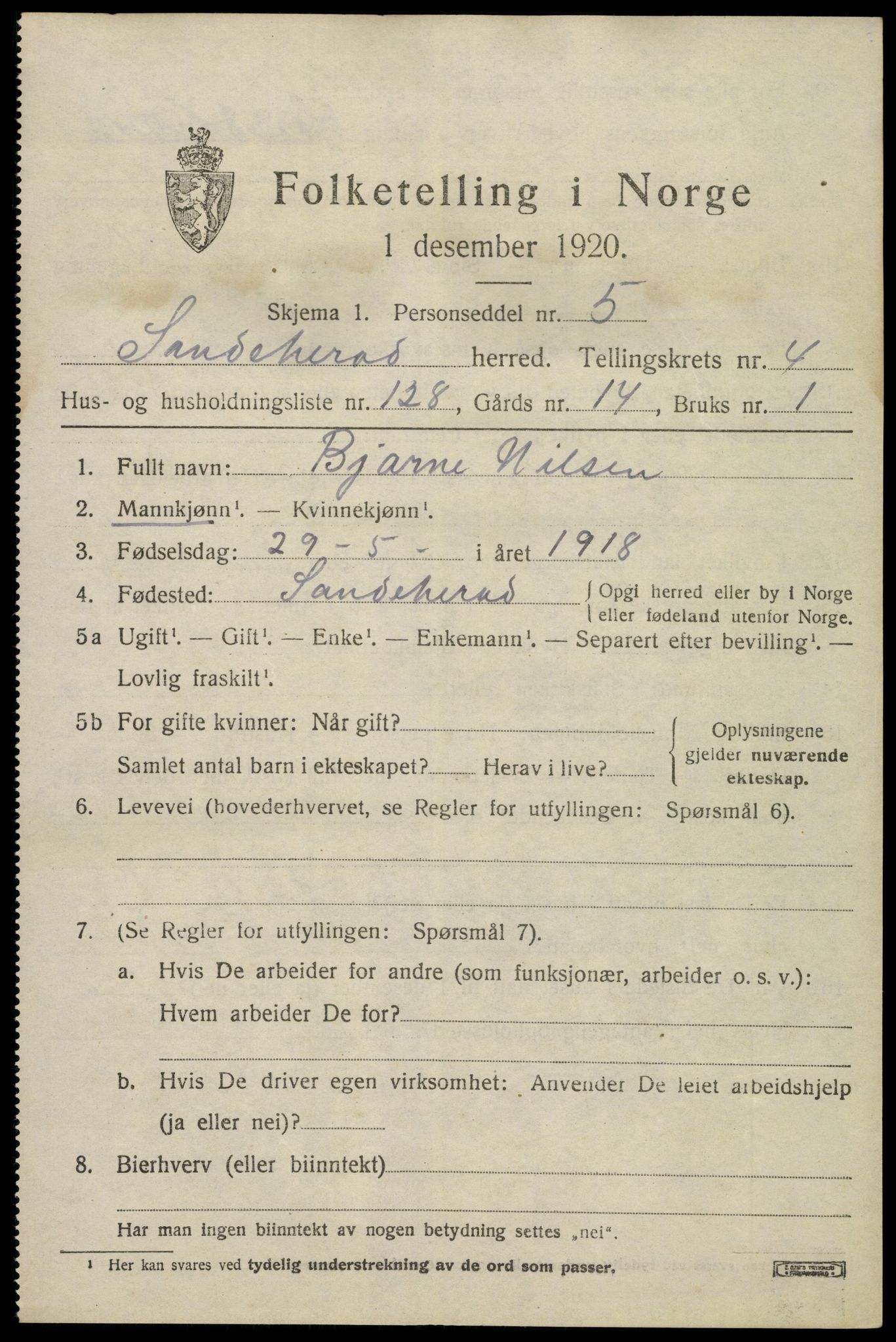 SAKO, 1920 census for Sandeherred, 1920, p. 8040