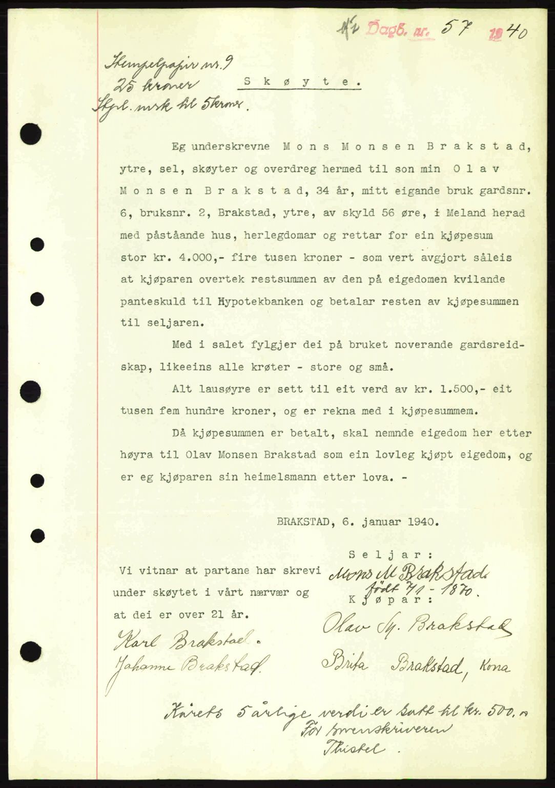 Nordhordland sorenskrivar, SAB/A-2901/1/G/Gb/Gbf/L0010: Mortgage book no. A10, 1939-1940, Diary no: : 57/1940
