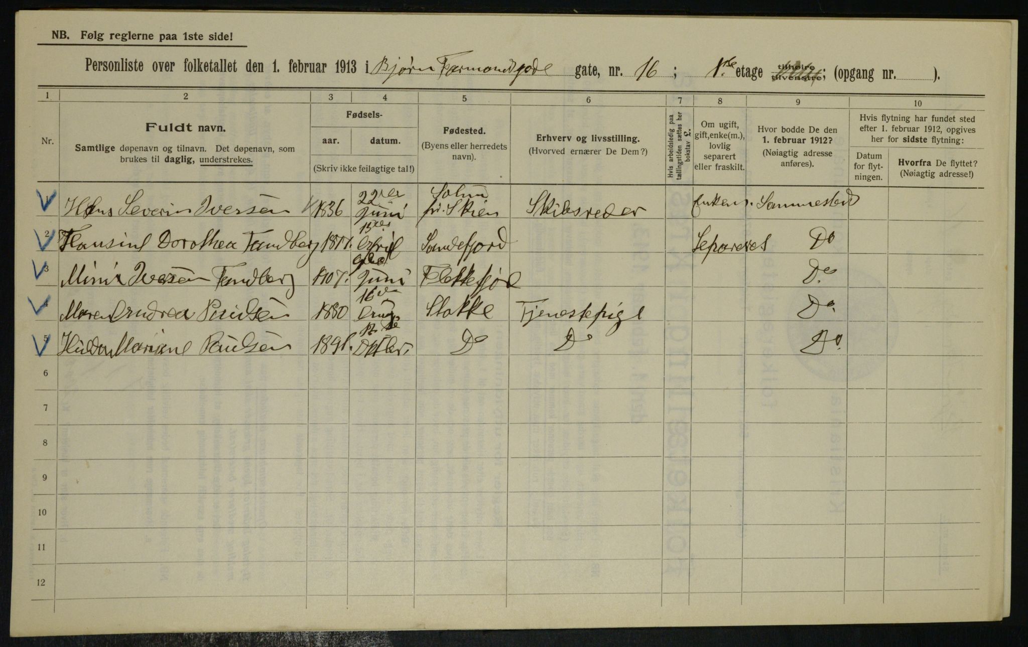 OBA, Municipal Census 1913 for Kristiania, 1913, p. 6566