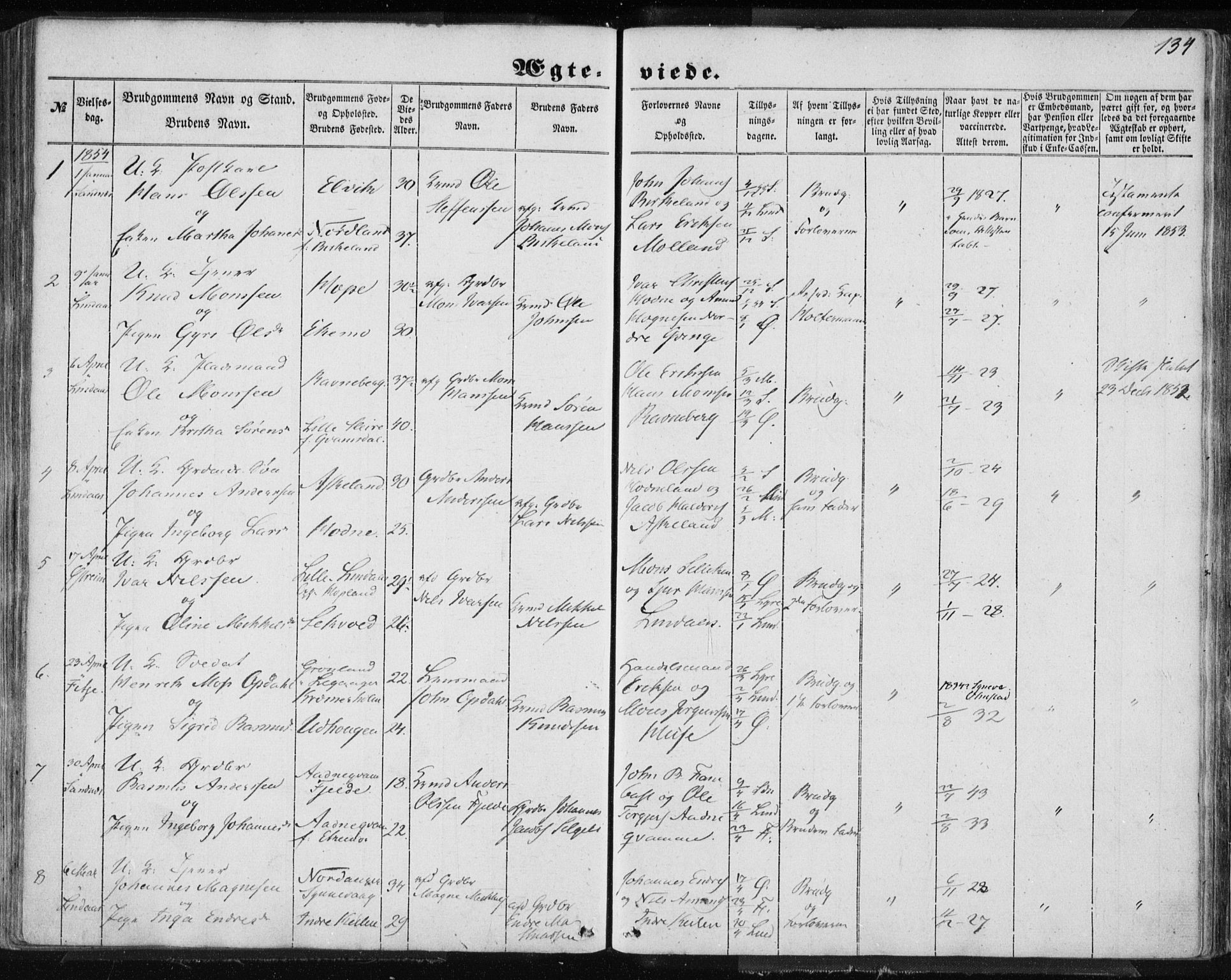 Lindås Sokneprestembete, SAB/A-76701/H/Haa: Parish register (official) no. A 13, 1848-1862, p. 134