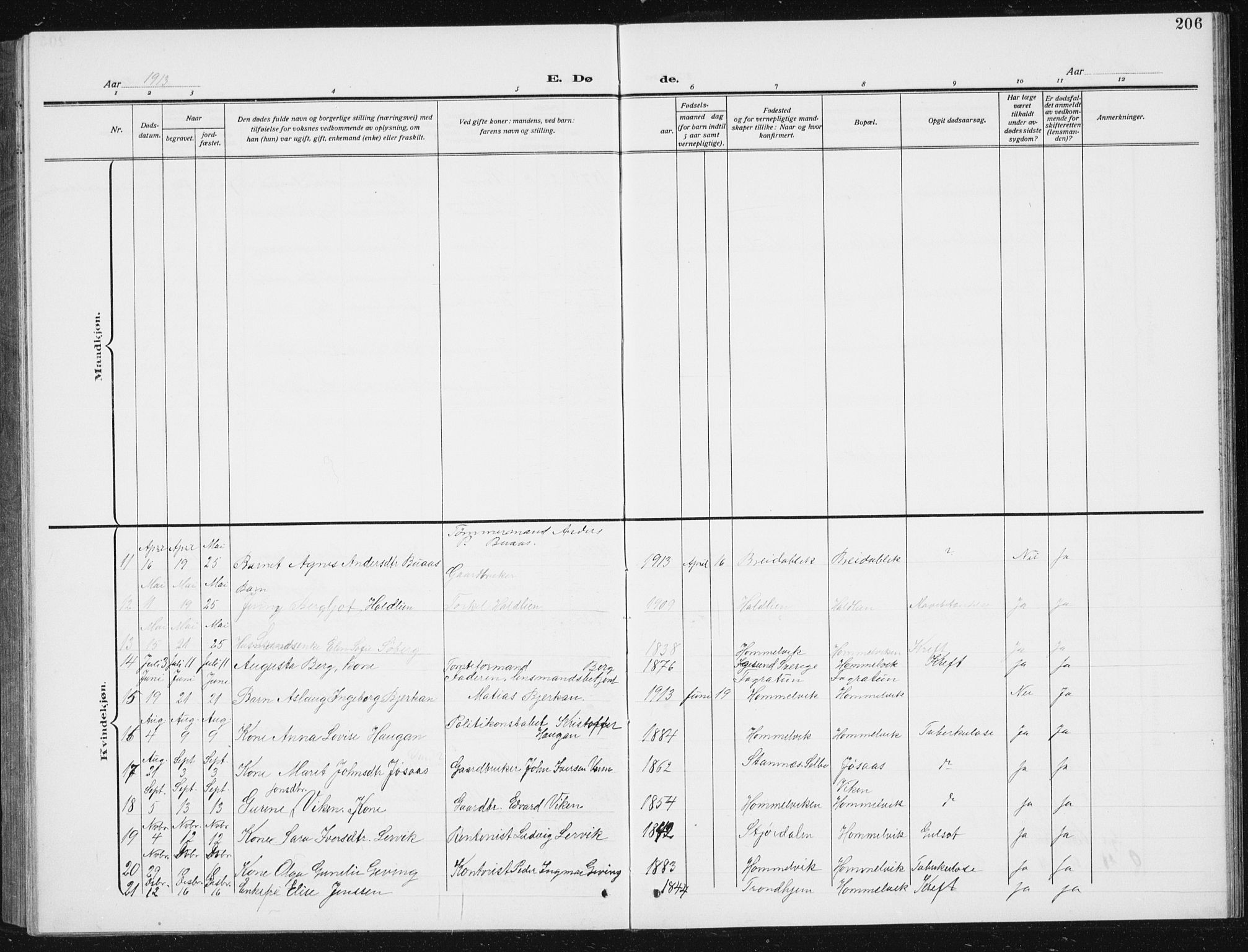 Ministerialprotokoller, klokkerbøker og fødselsregistre - Sør-Trøndelag, SAT/A-1456/617/L0431: Parish register (copy) no. 617C02, 1910-1936, p. 206