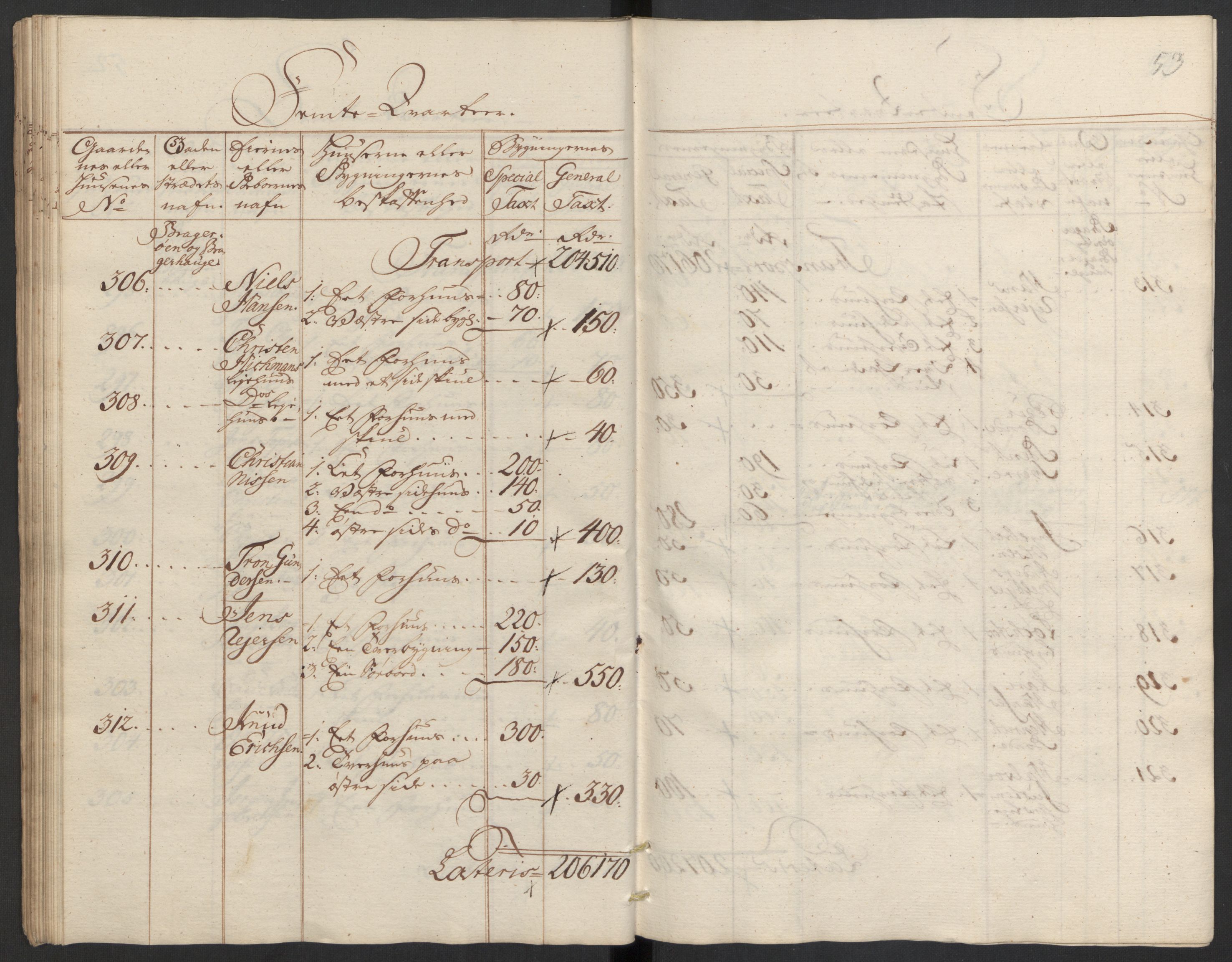 Kommersekollegiet, Brannforsikringskontoret 1767-1814, AV/RA-EA-5458/F/Fa/L0008/0002: Bragernes / Branntakstprotokoll, 1767, p. 53