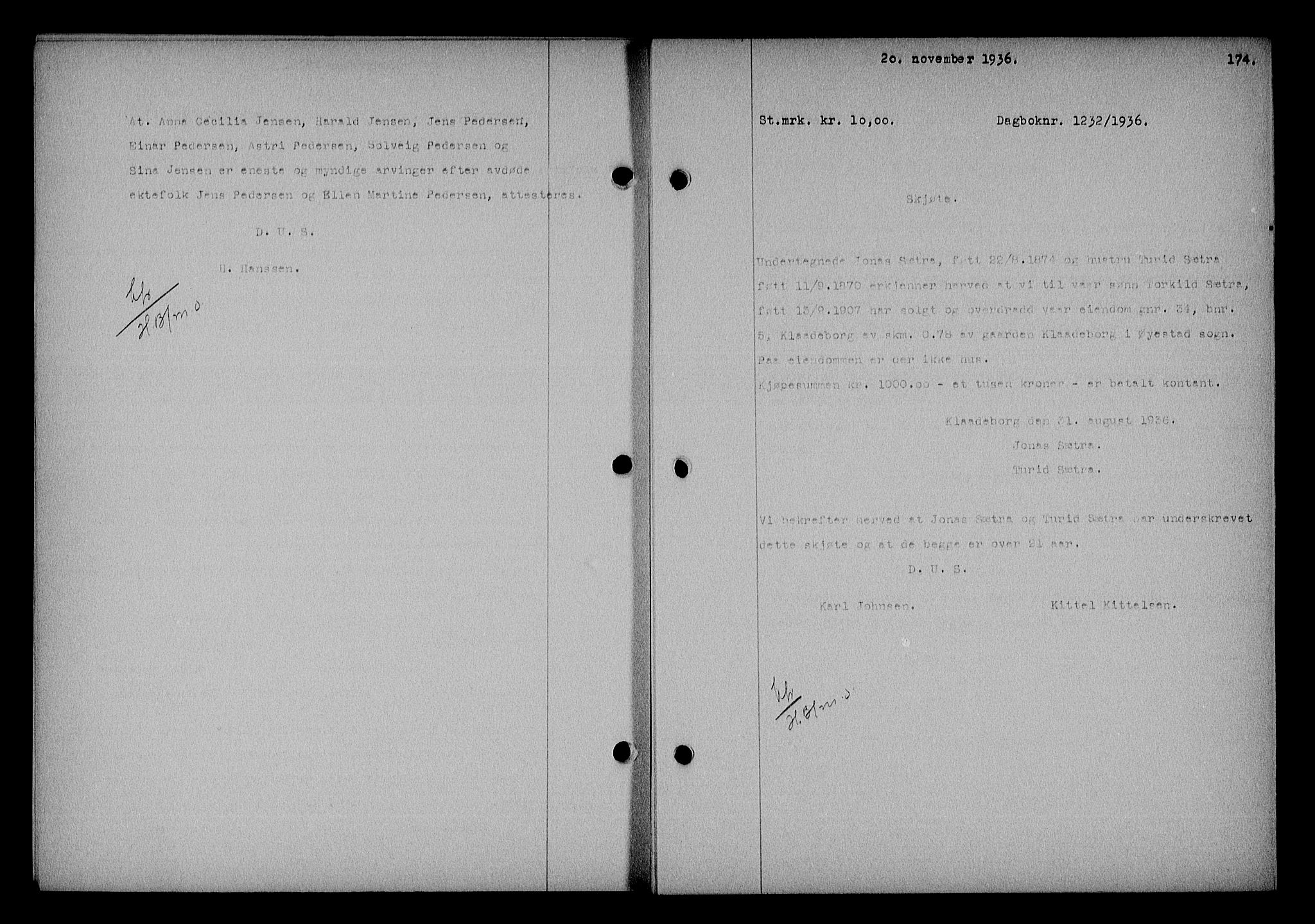 Nedenes sorenskriveri, SAK/1221-0006/G/Gb/Gba/L0043: Mortgage book no. 39, 1936-1937, Diary no: : 1232/1936