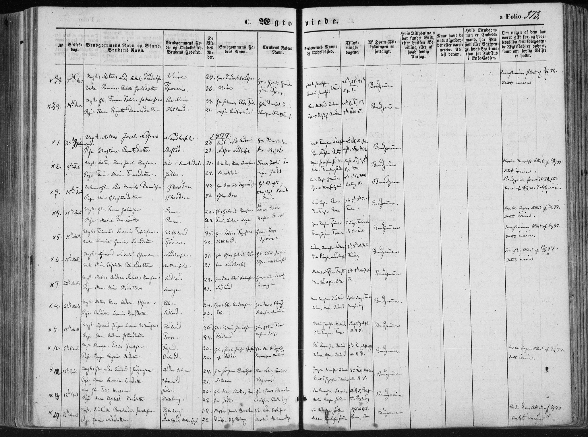 Lista sokneprestkontor, SAK/1111-0027/F/Fa/L0011: Parish register (official) no. A 11, 1861-1878, p. 373