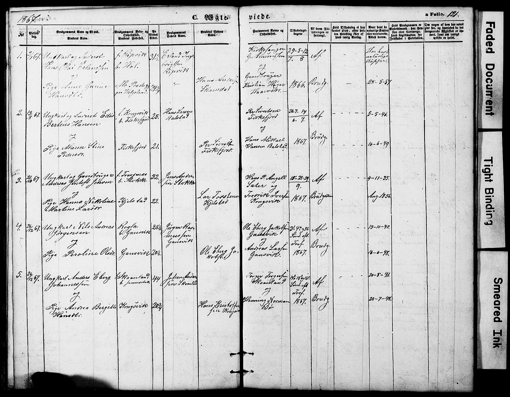 Ministerialprotokoller, klokkerbøker og fødselsregistre - Nordland, AV/SAT-A-1459/865/L0930: Parish register (copy) no. 865C02, 1866-1884, p. 121