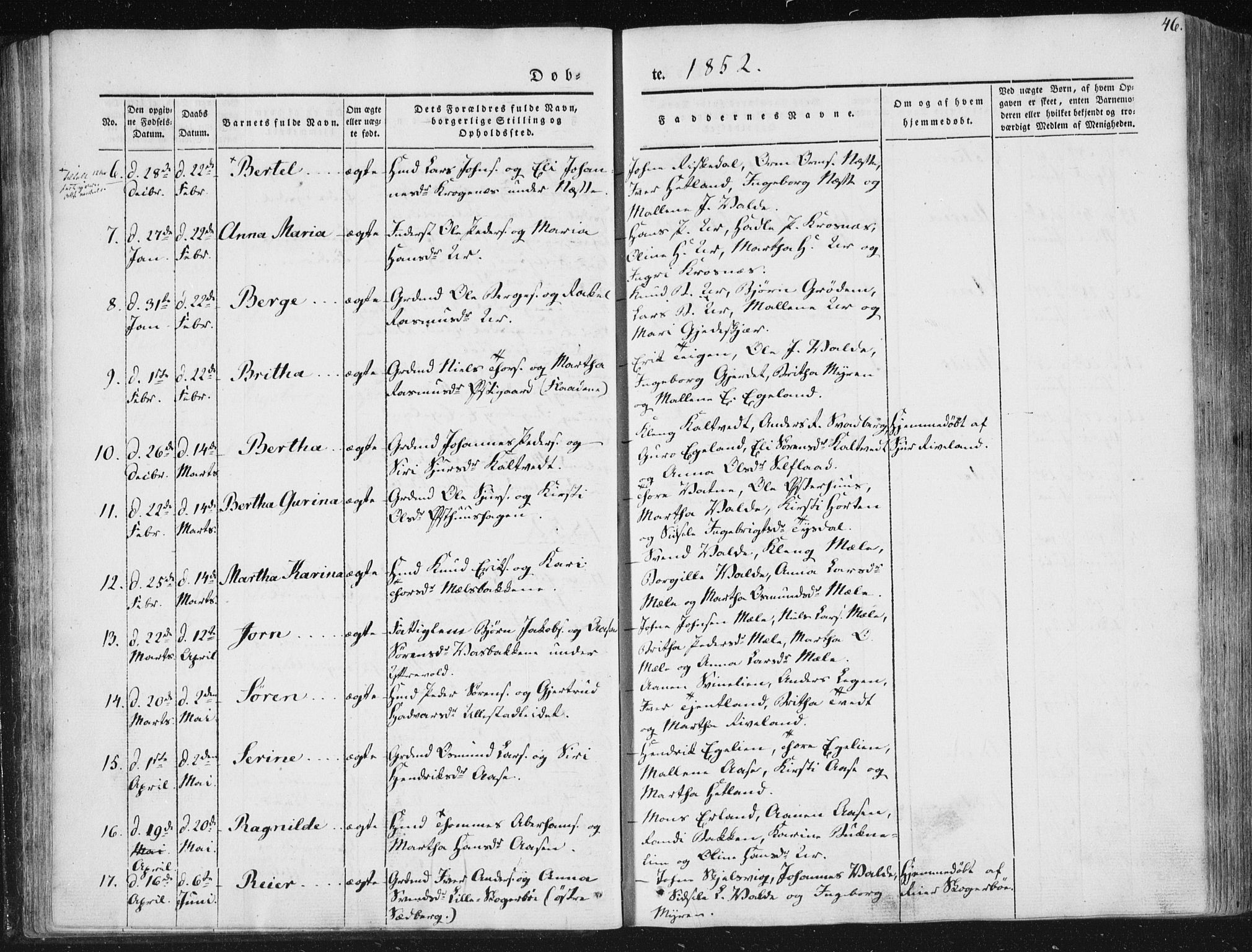 Hjelmeland sokneprestkontor, AV/SAST-A-101843/01/IV/L0008: Parish register (official) no. A 8, 1842-1861, p. 46