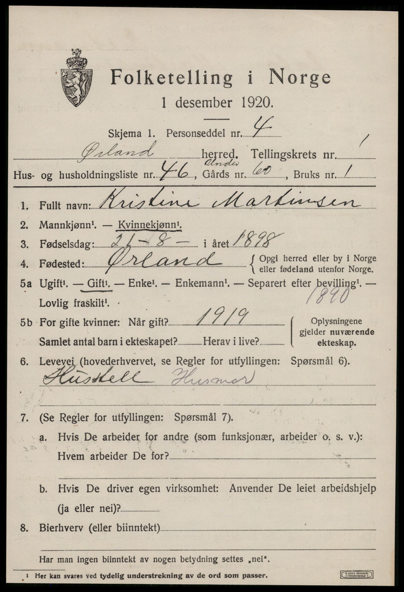 SAT, 1920 census for Ørland, 1920, p. 1923
