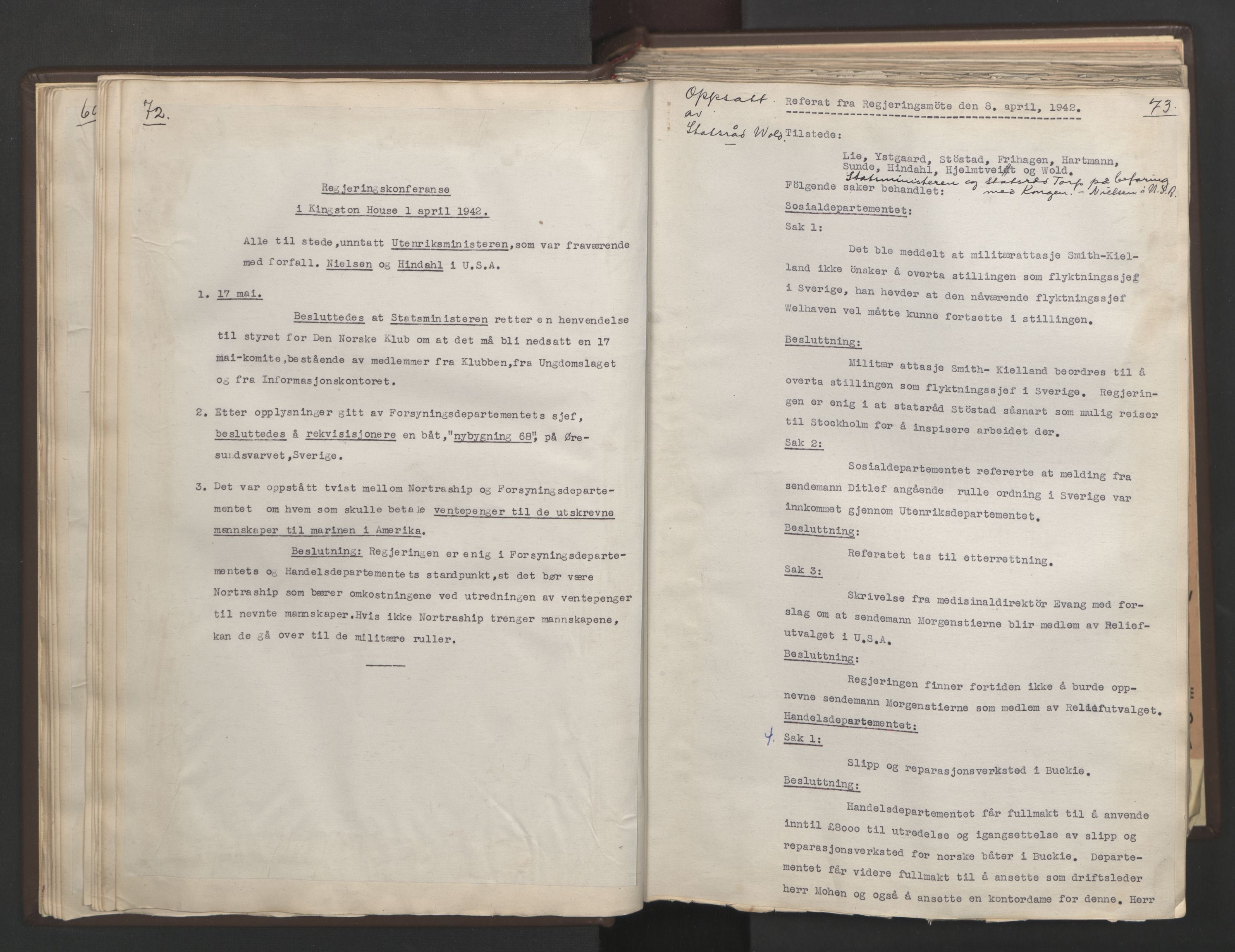 Statsministerens kontor, RA/S-1005/A/Aa/L0002: Referat fra regjeringskonferanser, 1942-1943, p. 72-73