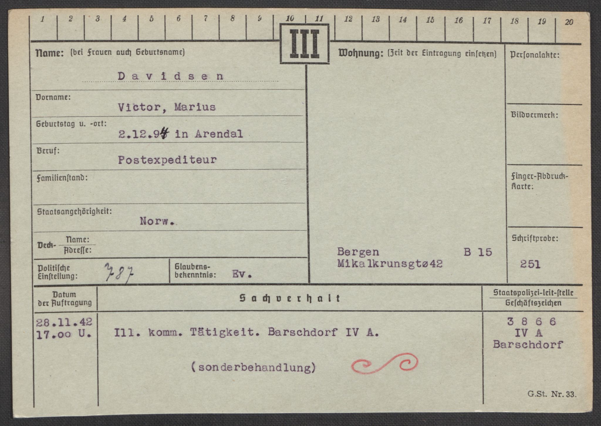 Befehlshaber der Sicherheitspolizei und des SD, AV/RA-RAFA-5969/E/Ea/Eaa/L0002: Register over norske fanger i Møllergata 19: Bj-Eng, 1940-1945, p. 985