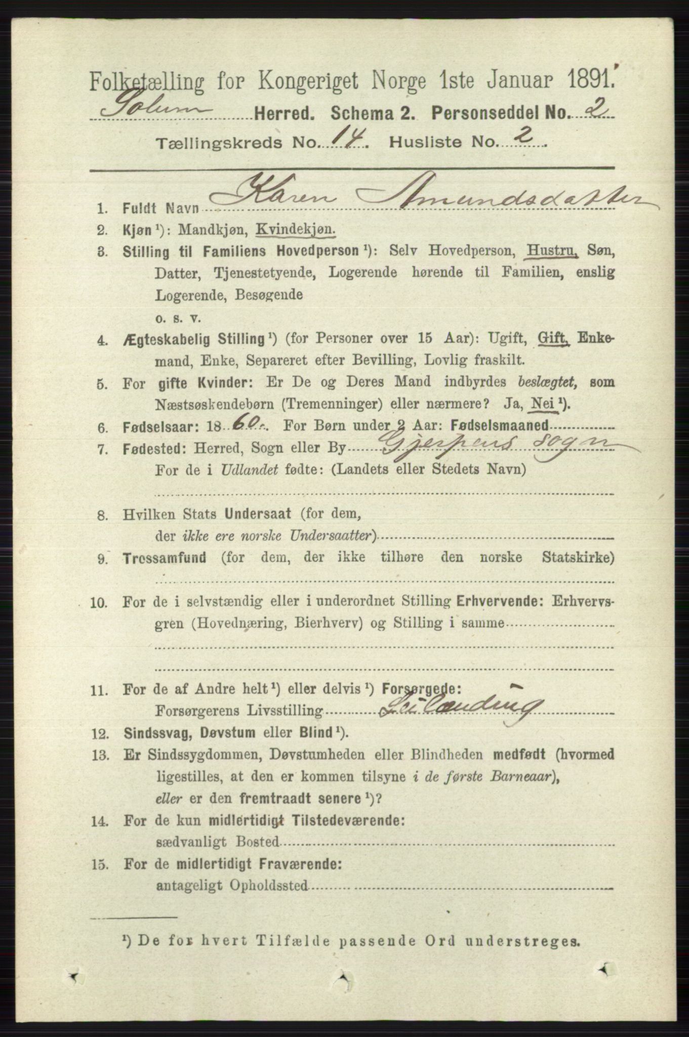 RA, 1891 census for 0818 Solum, 1891, p. 6370