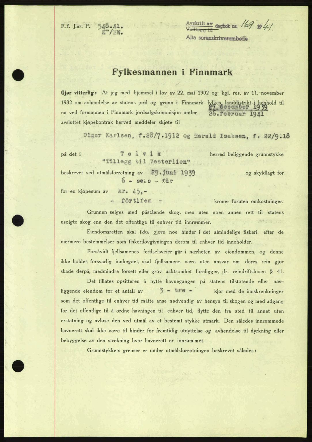 Alta fogderi/sorenskriveri, SATØ/SATØ-5/1/K/Kd/L0033pantebok: Mortgage book no. 33, 1940-1943, Diary no: : 169/1941