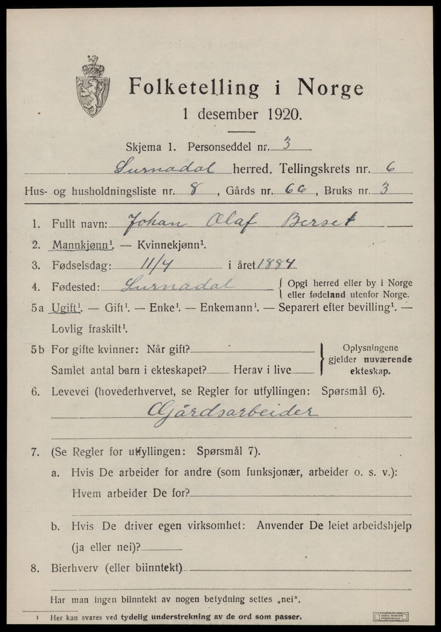 SAT, 1920 census for Surnadal, 1920, p. 4385