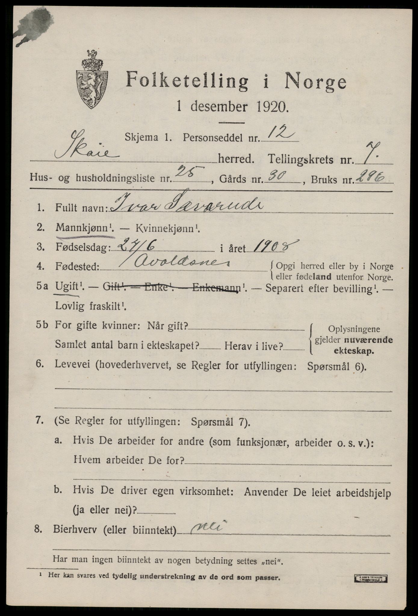 SAST, 1920 census for Skåre, 1920, p. 5294