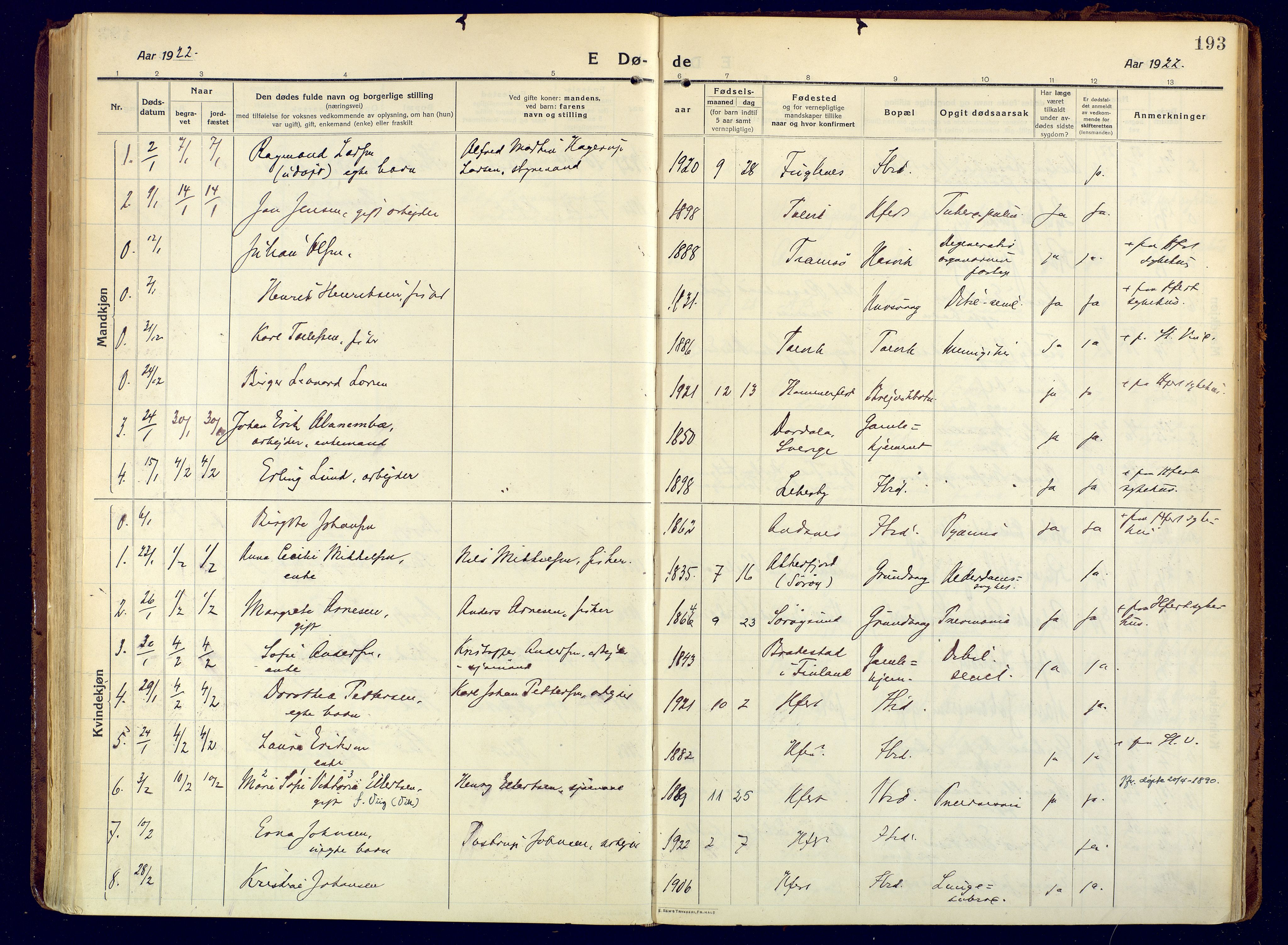 Hammerfest sokneprestkontor, SATØ/S-1347/H/Ha/L0015.kirke: Parish register (official) no. 15, 1916-1923, p. 193