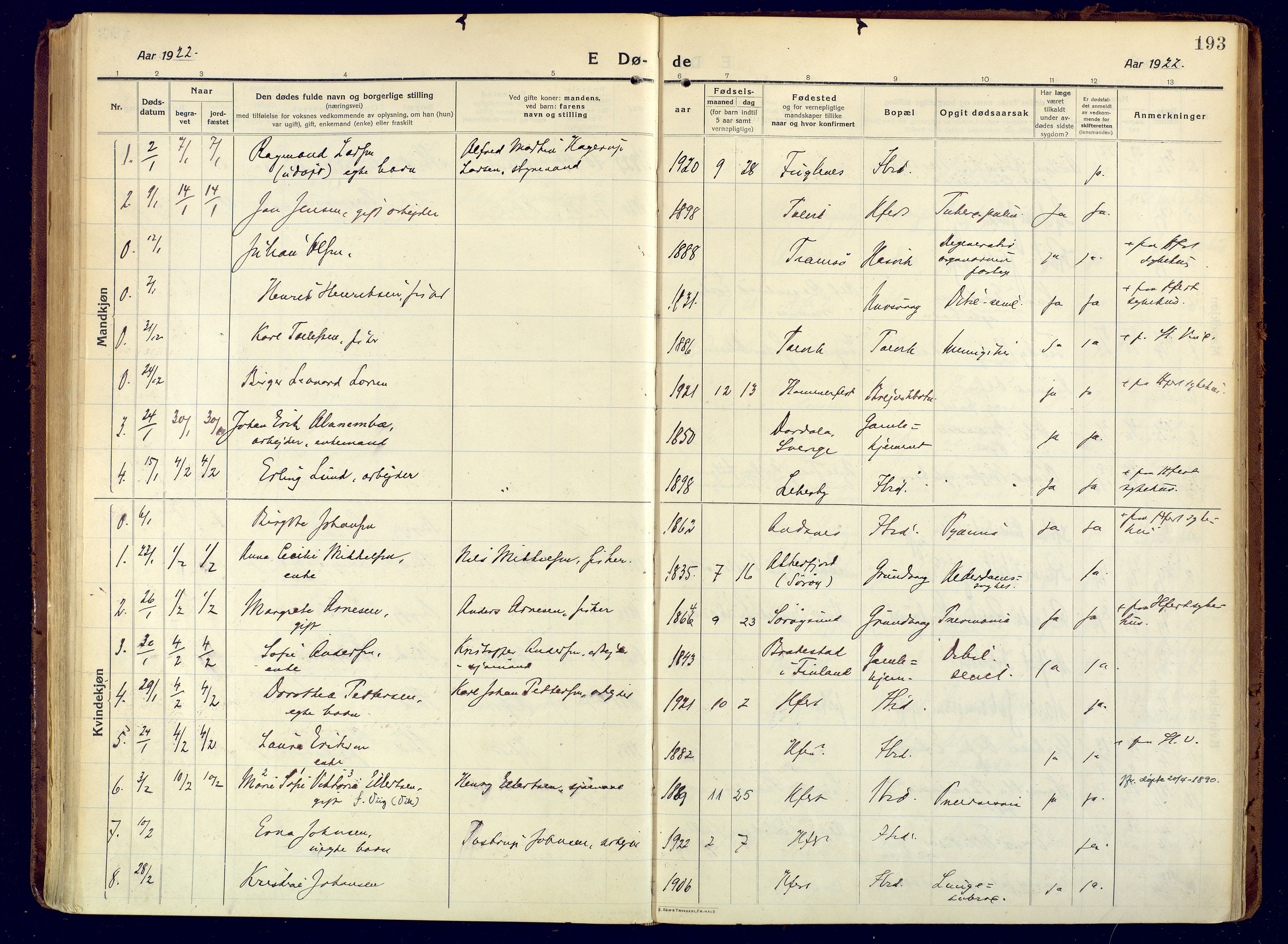 Hammerfest sokneprestkontor, AV/SATØ-S-1347/H/Ha/L0015.kirke: Parish register (official) no. 15, 1916-1923, p. 193