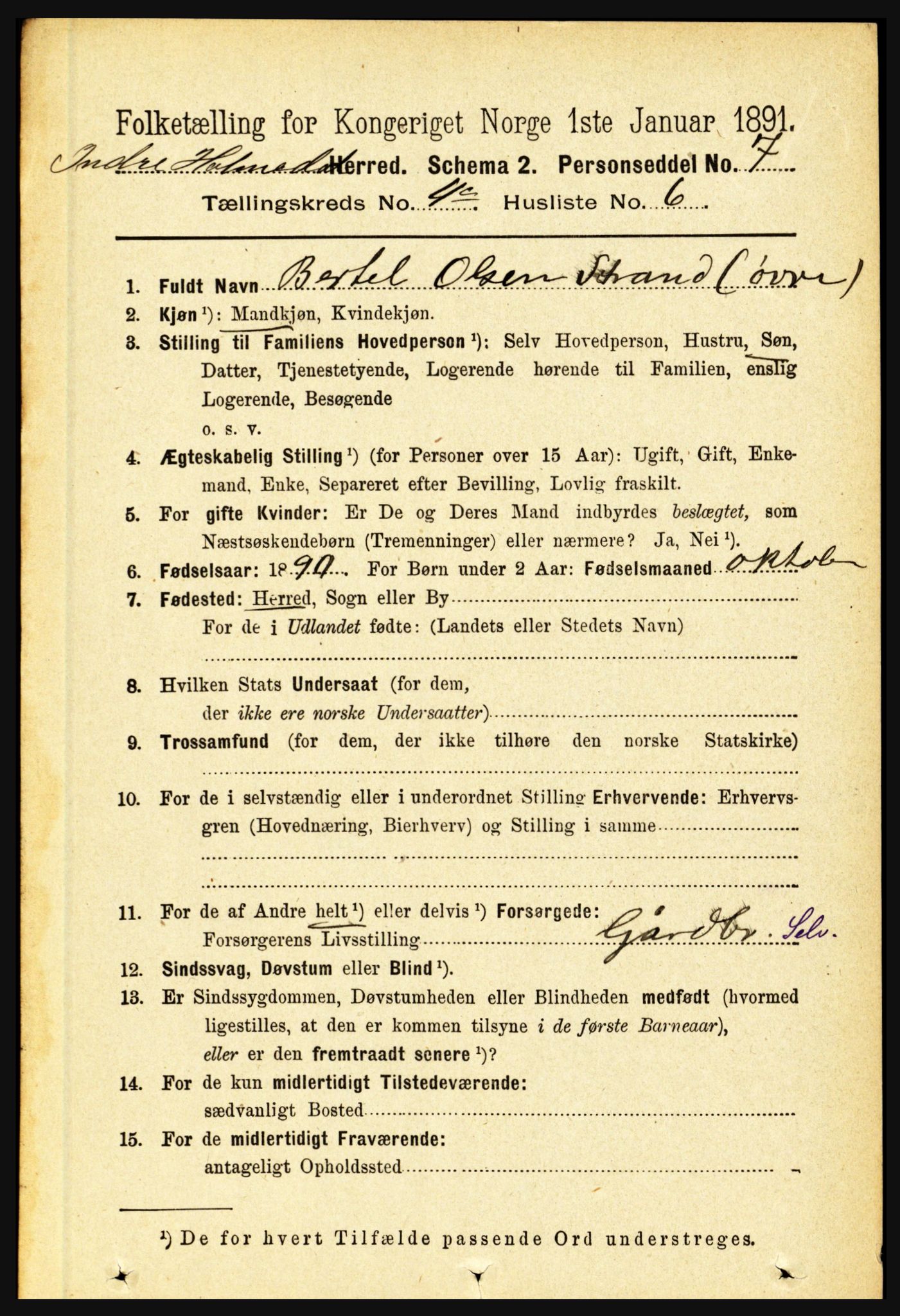 RA, 1891 census for 1430 Indre Holmedal, 1891, p. 1672