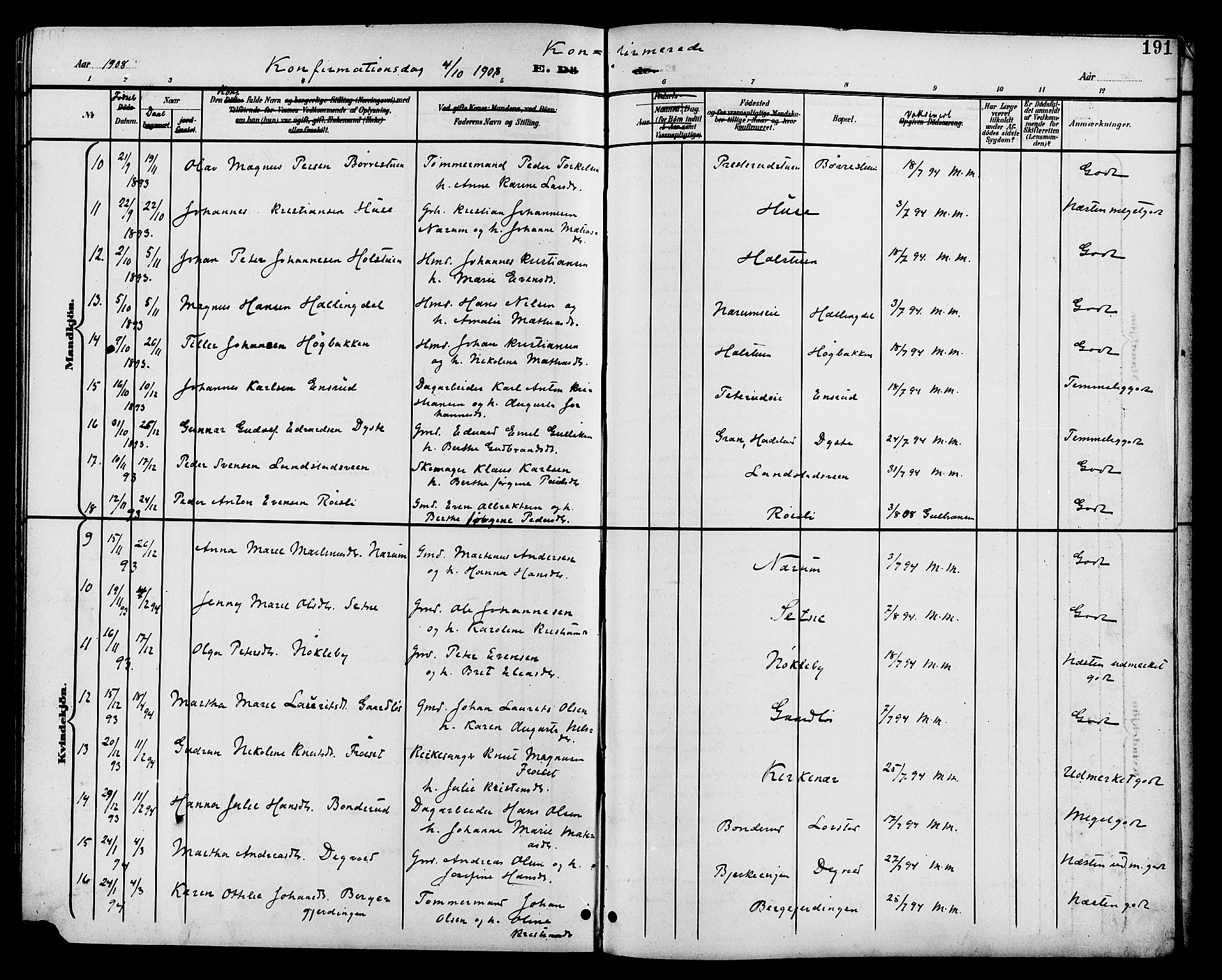 Vestre Toten prestekontor, SAH/PREST-108/H/Ha/Hab/L0011: Parish register (copy) no. 11, 1901-1911, p. 191