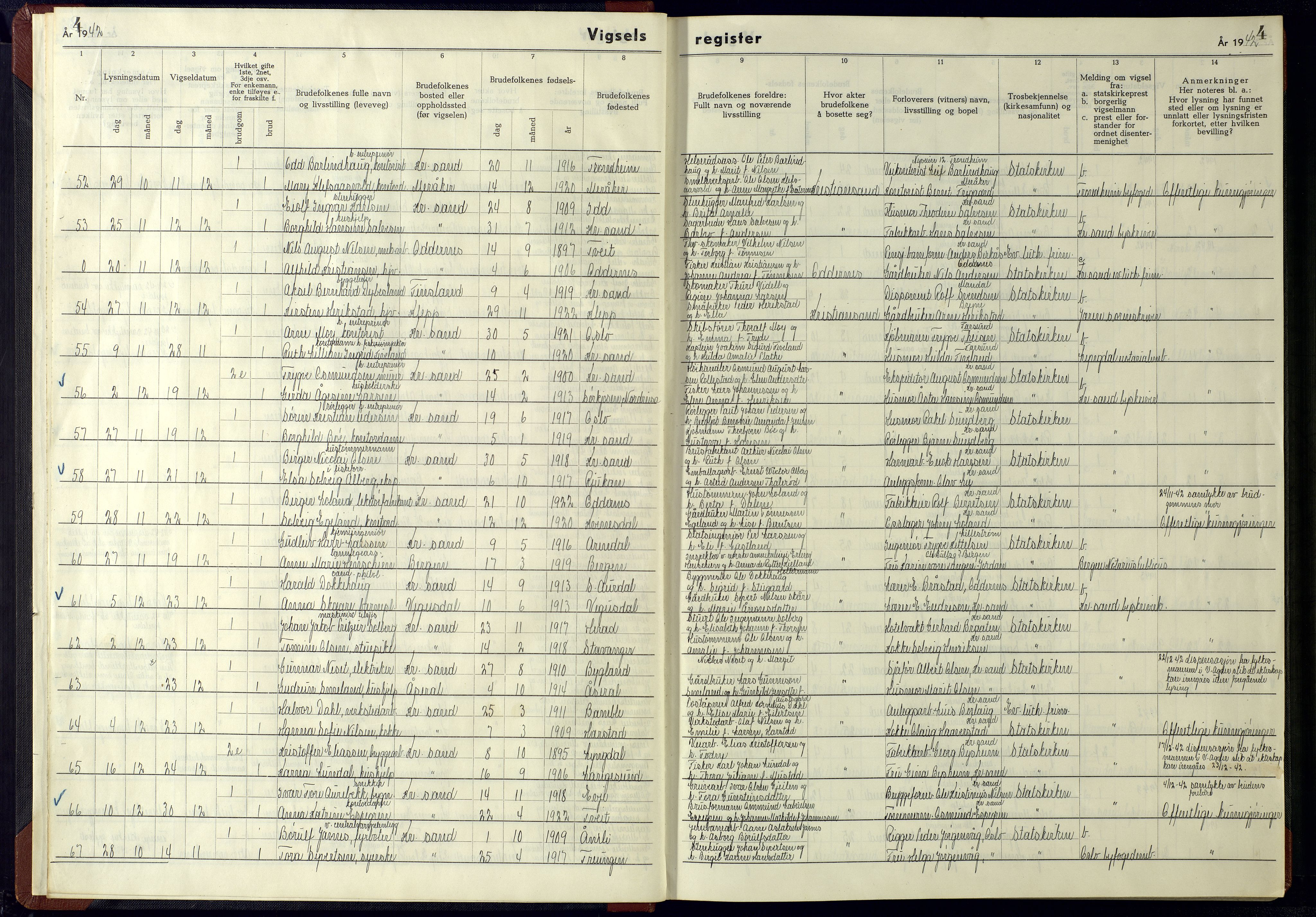 Kristiansand domprosti, SAK/1112-0006/J/Ja/L0003: Marriage register no. A-VI-15, 1942-1945, p. 4