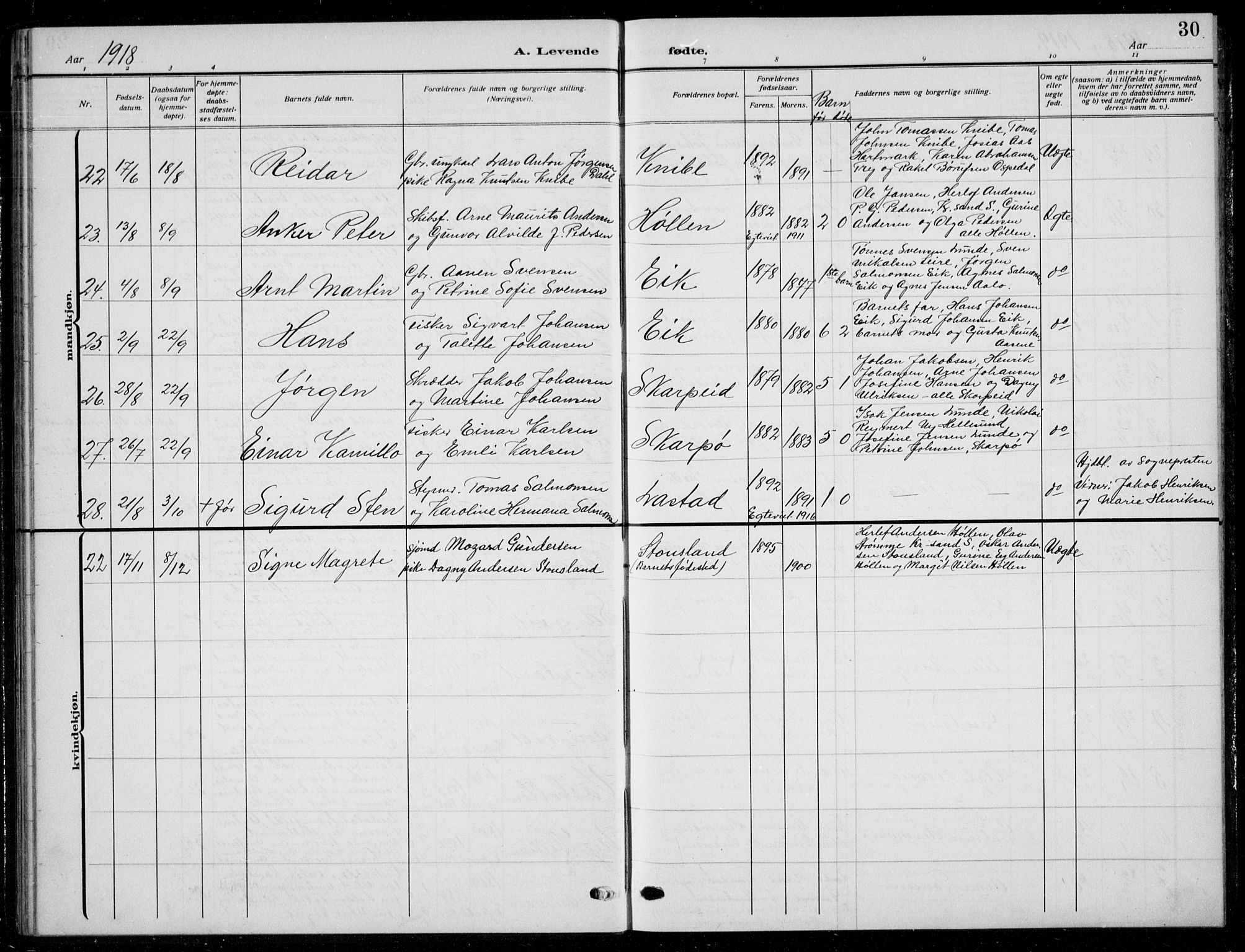 Søgne sokneprestkontor, SAK/1111-0037/F/Fb/Fbb/L0007: Parish register (copy) no. B 7, 1912-1931, p. 30