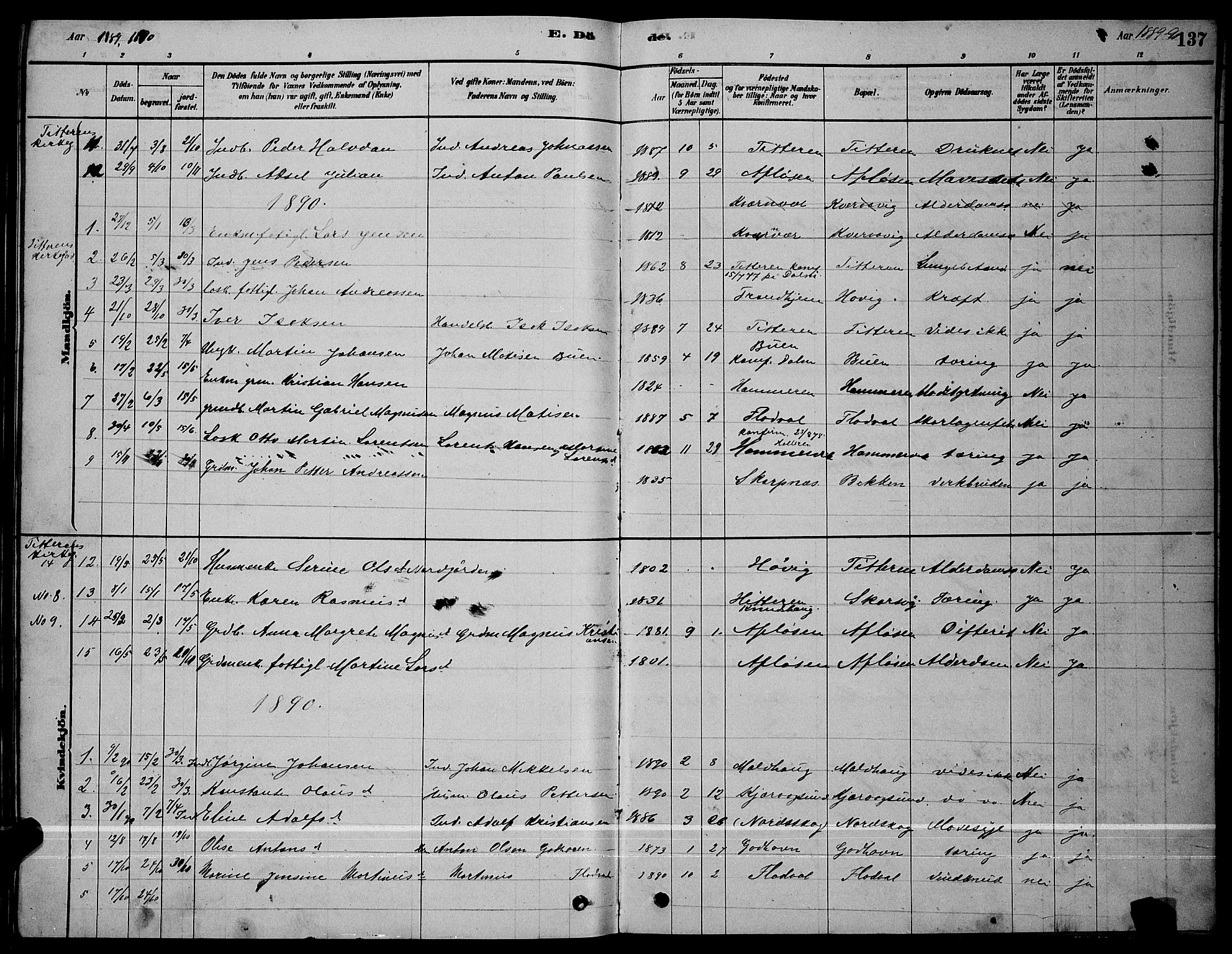Ministerialprotokoller, klokkerbøker og fødselsregistre - Sør-Trøndelag, SAT/A-1456/641/L0597: Parish register (copy) no. 641C01, 1878-1893, p. 137