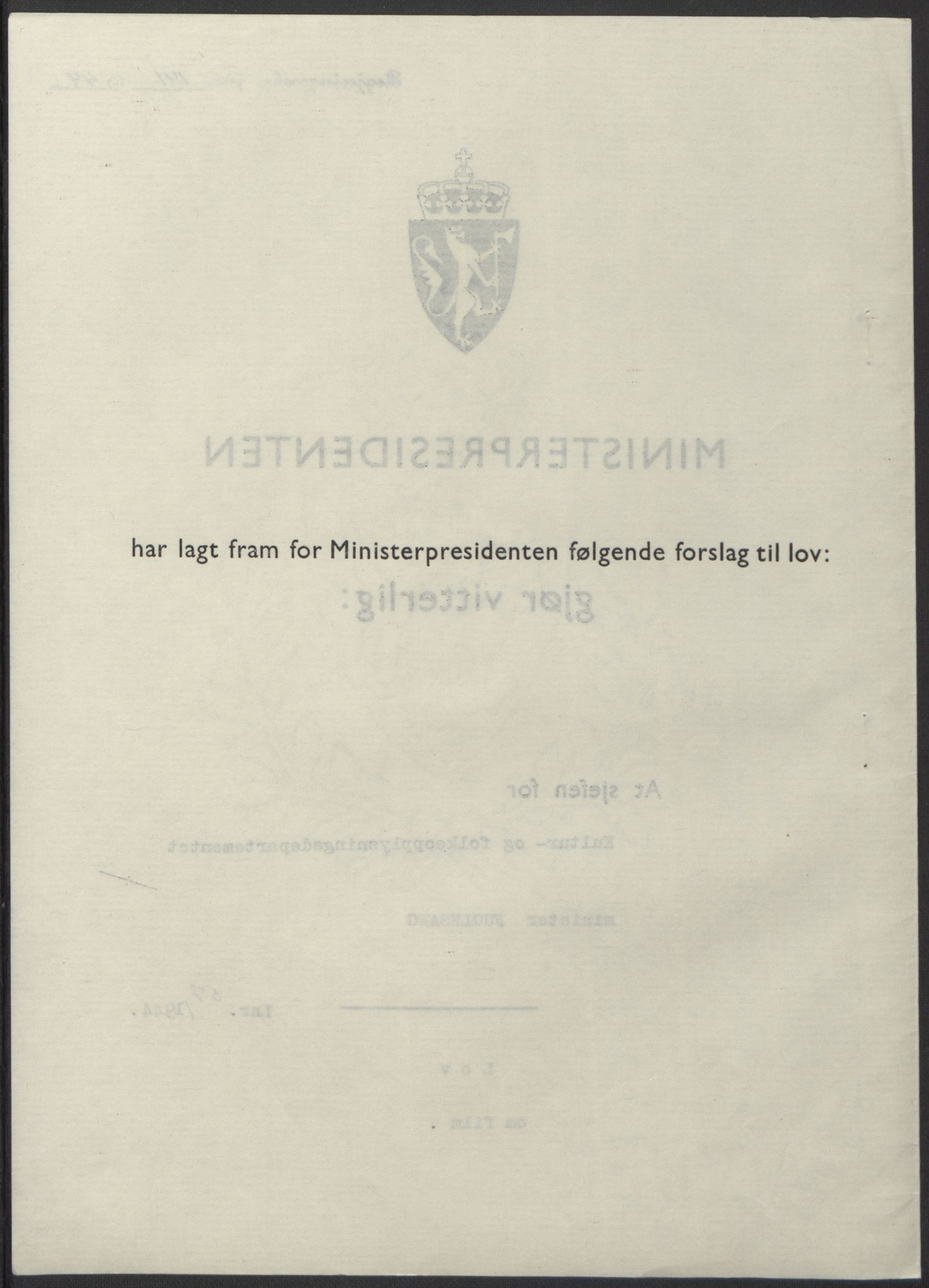 NS-administrasjonen 1940-1945 (Statsrådsekretariatet, de kommisariske statsråder mm), AV/RA-S-4279/D/Db/L0100: Lover, 1944, p. 265