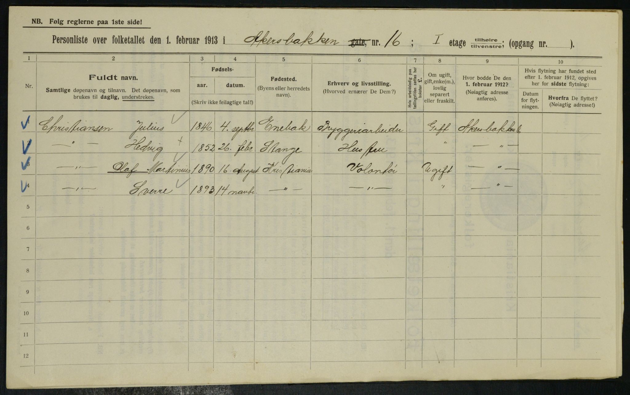 OBA, Municipal Census 1913 for Kristiania, 1913, p. 77