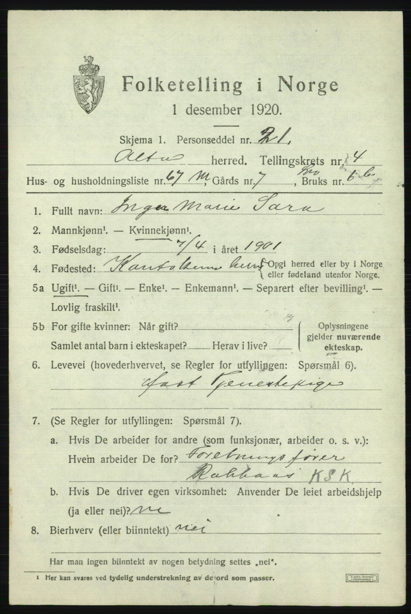 SATØ, 1920 census for Alta, 1920, p. 3309
