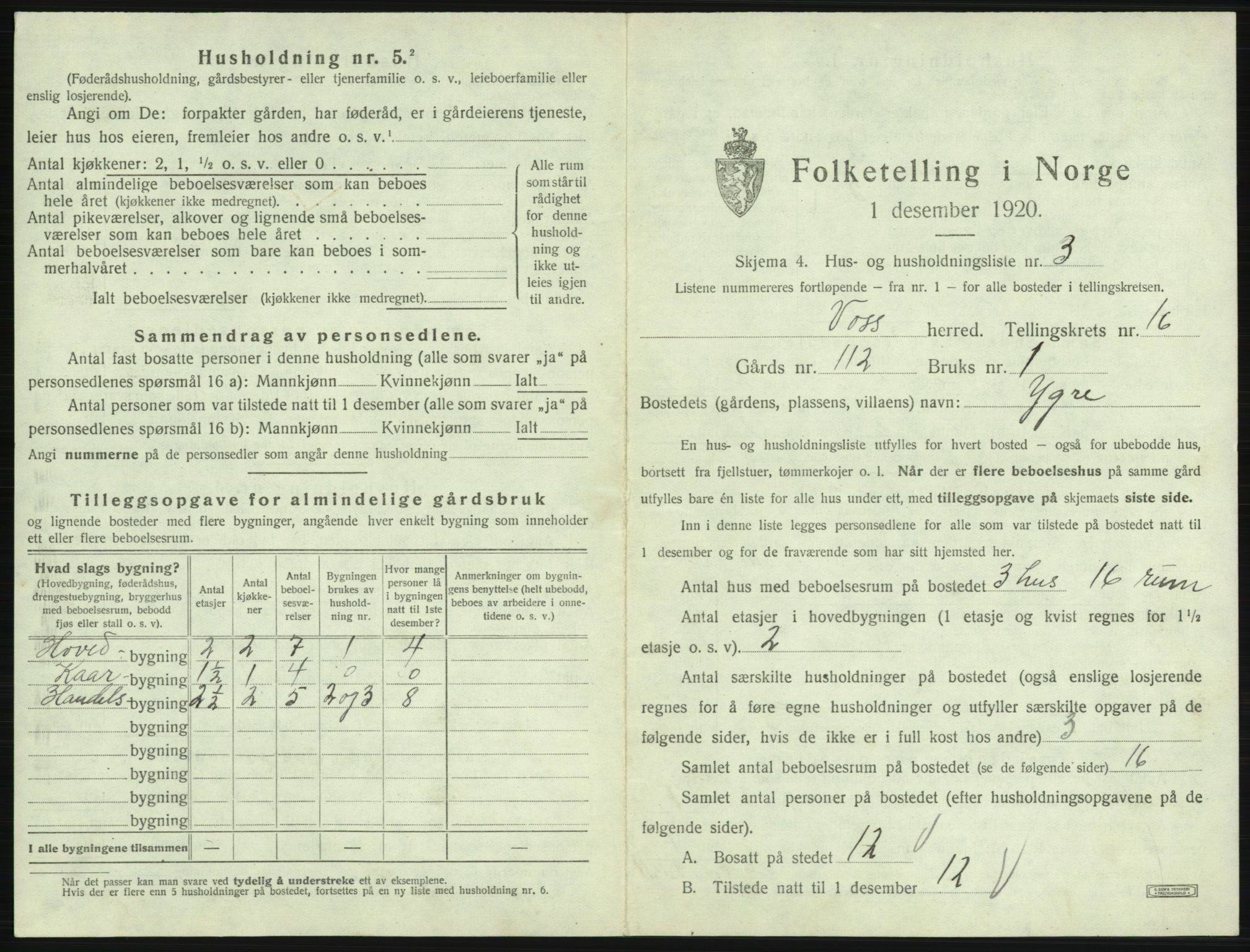 SAB, 1920 census for Voss, 1920, p. 1541