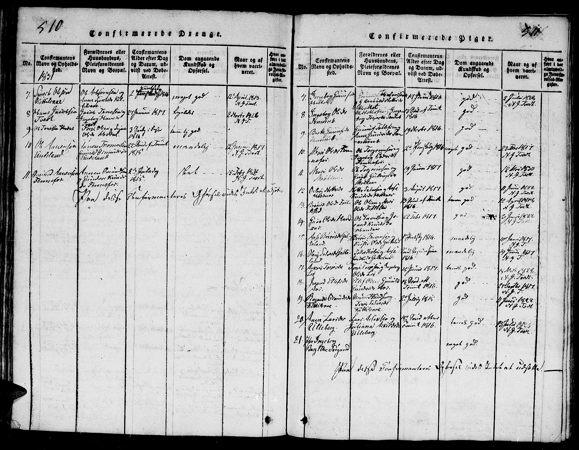 Evje sokneprestkontor, AV/SAK-1111-0008/F/Fb/Fba/L0001: Parish register (copy) no. B 1, 1816-1842, p. 510-511