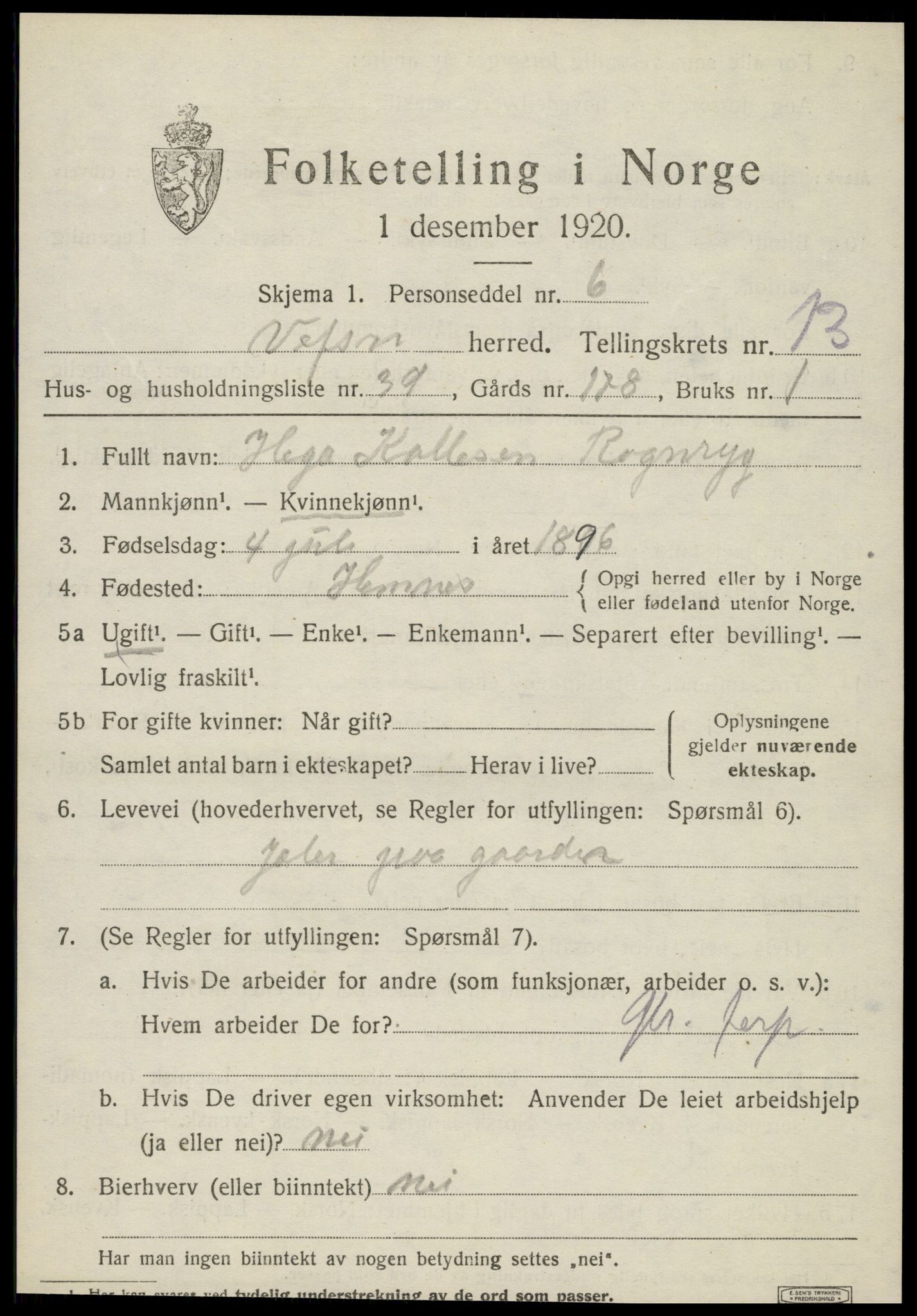 SAT, 1920 census for Vefsn, 1920, p. 10623