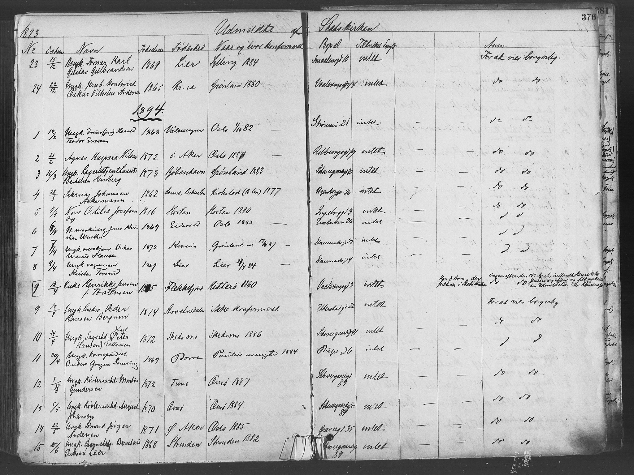 Gamlebyen prestekontor Kirkebøker, SAO/A-10884/F/Fa/L0006: Parish register (official) no. 6, 1881-1890, p. 376