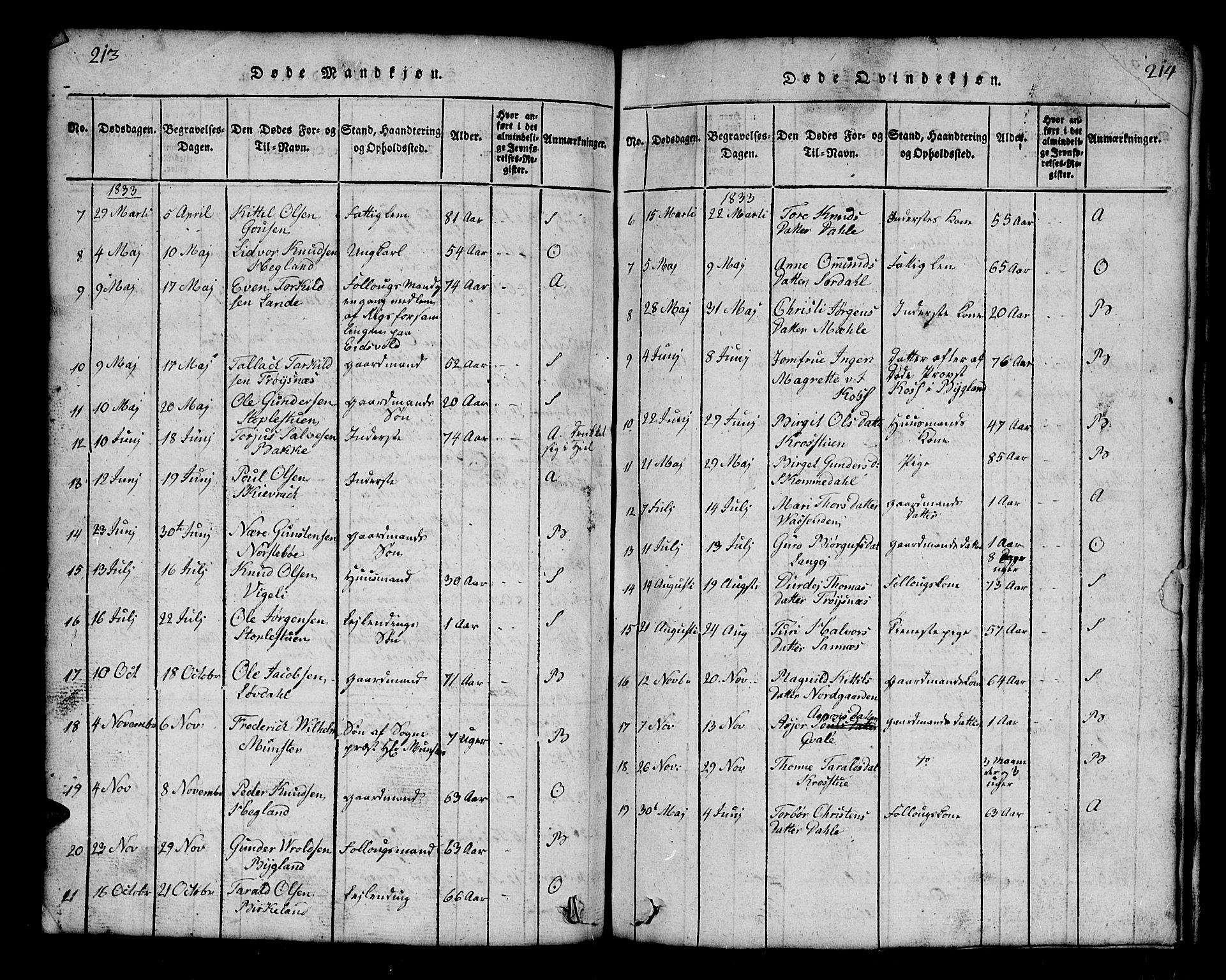 Bygland sokneprestkontor, AV/SAK-1111-0006/F/Fb/Fbb/L0001: Parish register (copy) no. B 1, 1816-1843, p. 214-215