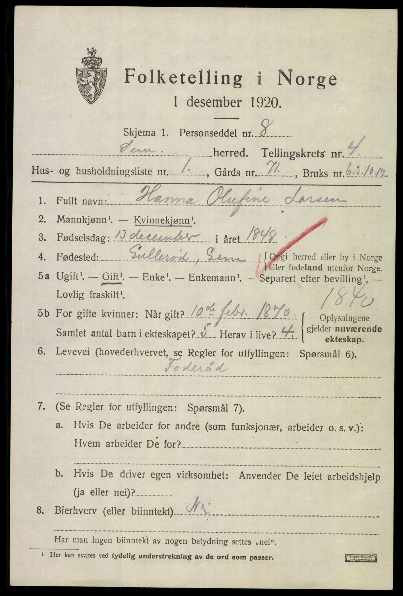 SAKO, 1920 census for Sem, 1920, p. 7085