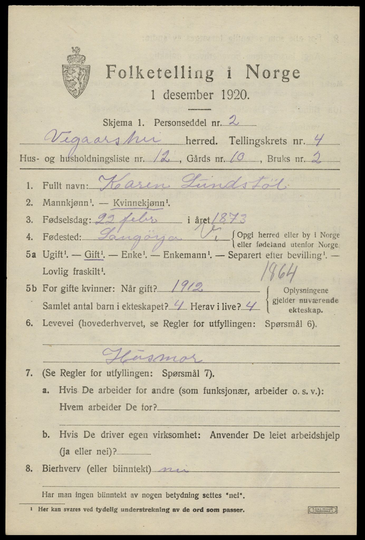 SAK, 1920 census for Vegårshei, 1920, p. 1894