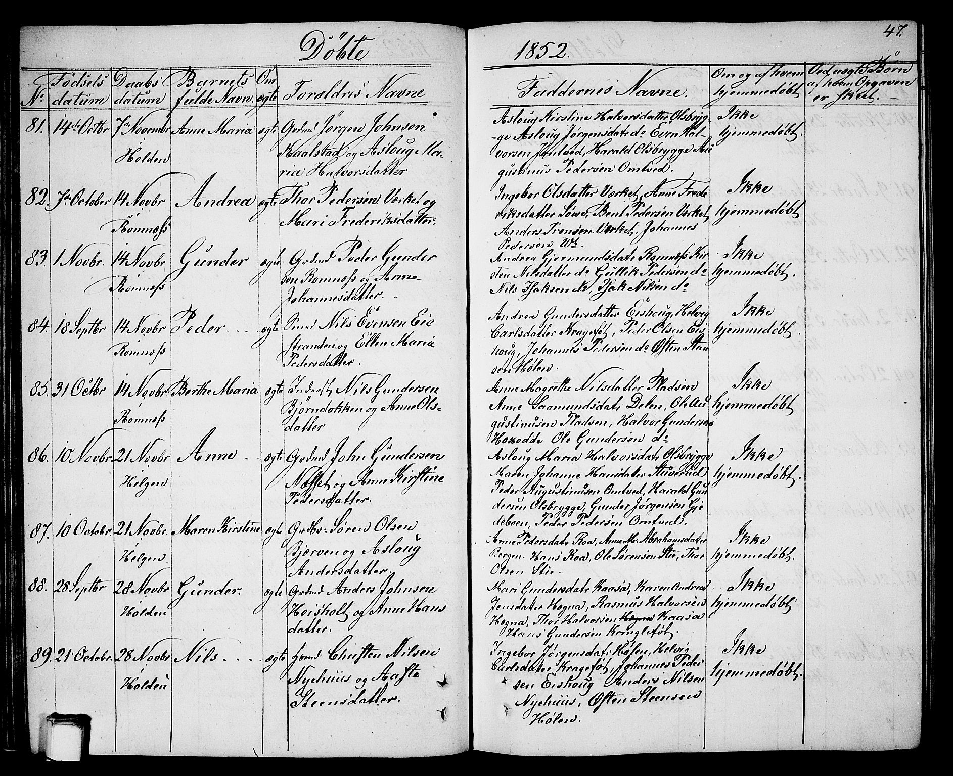 Holla kirkebøker, AV/SAKO-A-272/G/Ga/L0003: Parish register (copy) no. I 3, 1849-1866, p. 47