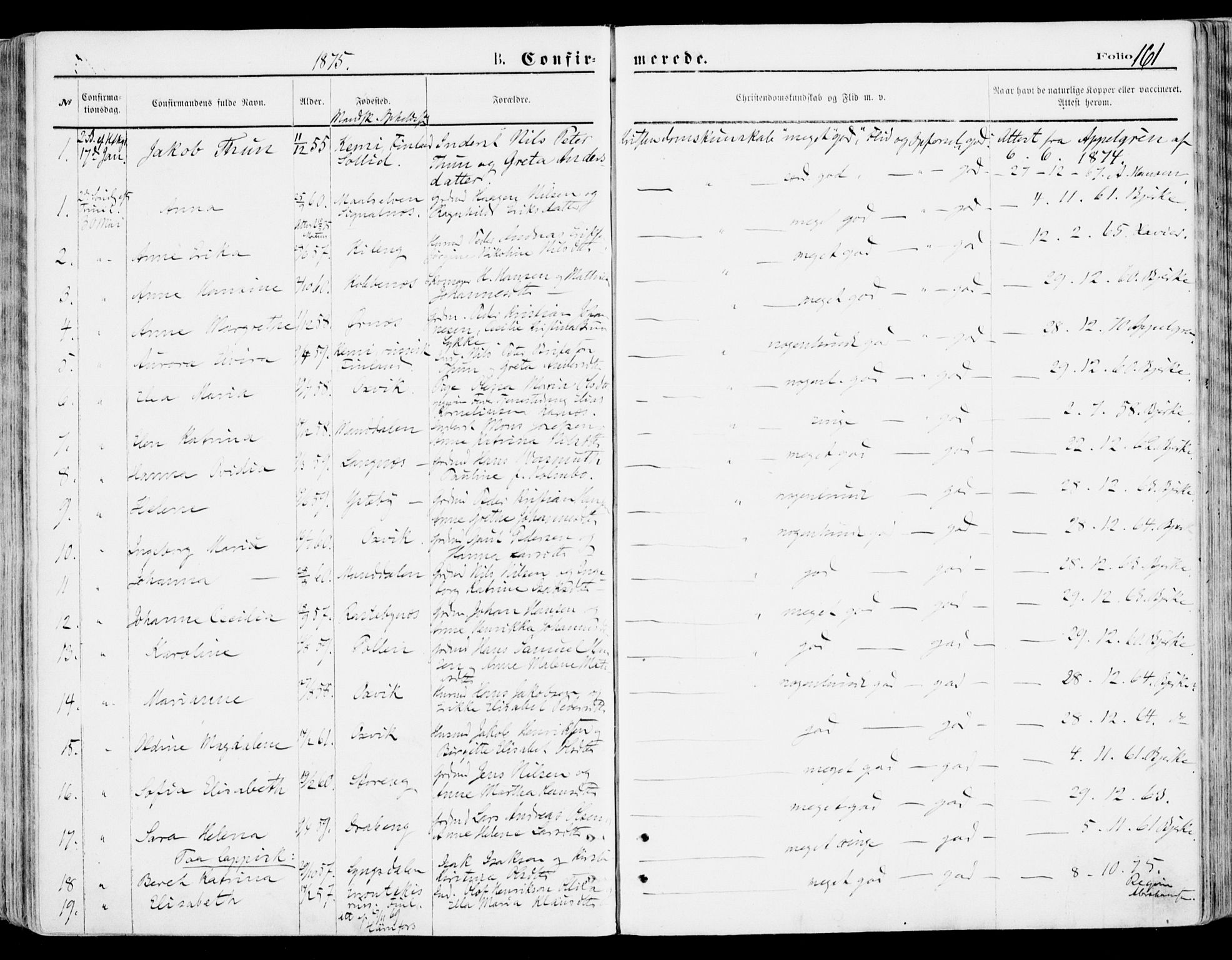 Lyngen sokneprestembete, AV/SATØ-S-1289/H/He/Hea/L0006kirke: Parish register (official) no. 6, 1870-1878, p. 161