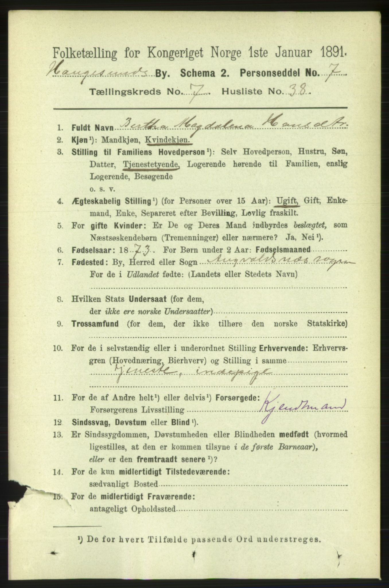 RA, 1891 census for 1106 Haugesund, 1891, p. 3516