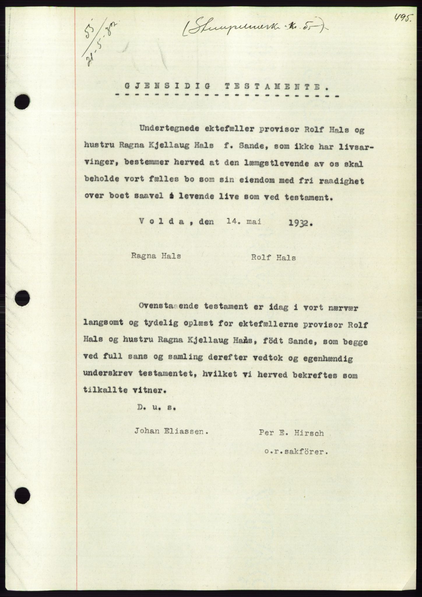 Søre Sunnmøre sorenskriveri, AV/SAT-A-4122/1/2/2C/L0053: Mortgage book no. 47, 1931-1932, Deed date: 21.05.1932