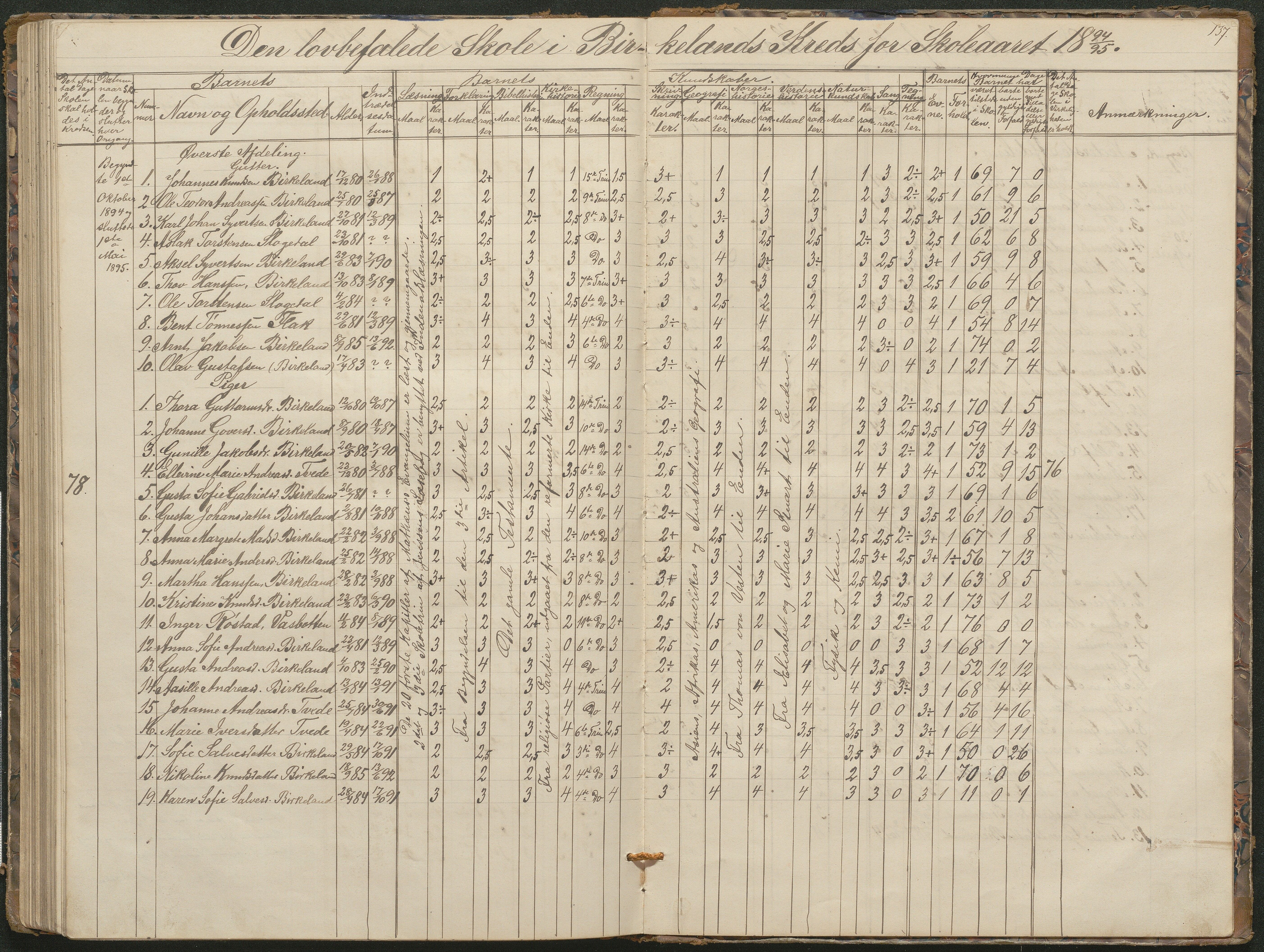 Birkenes kommune, Birkenes krets/Birkeland folkeskole frem til 1991, AAKS/KA0928-550a_91/F02/L0001: Skoleprotokoll, 1862-1896, p. 137