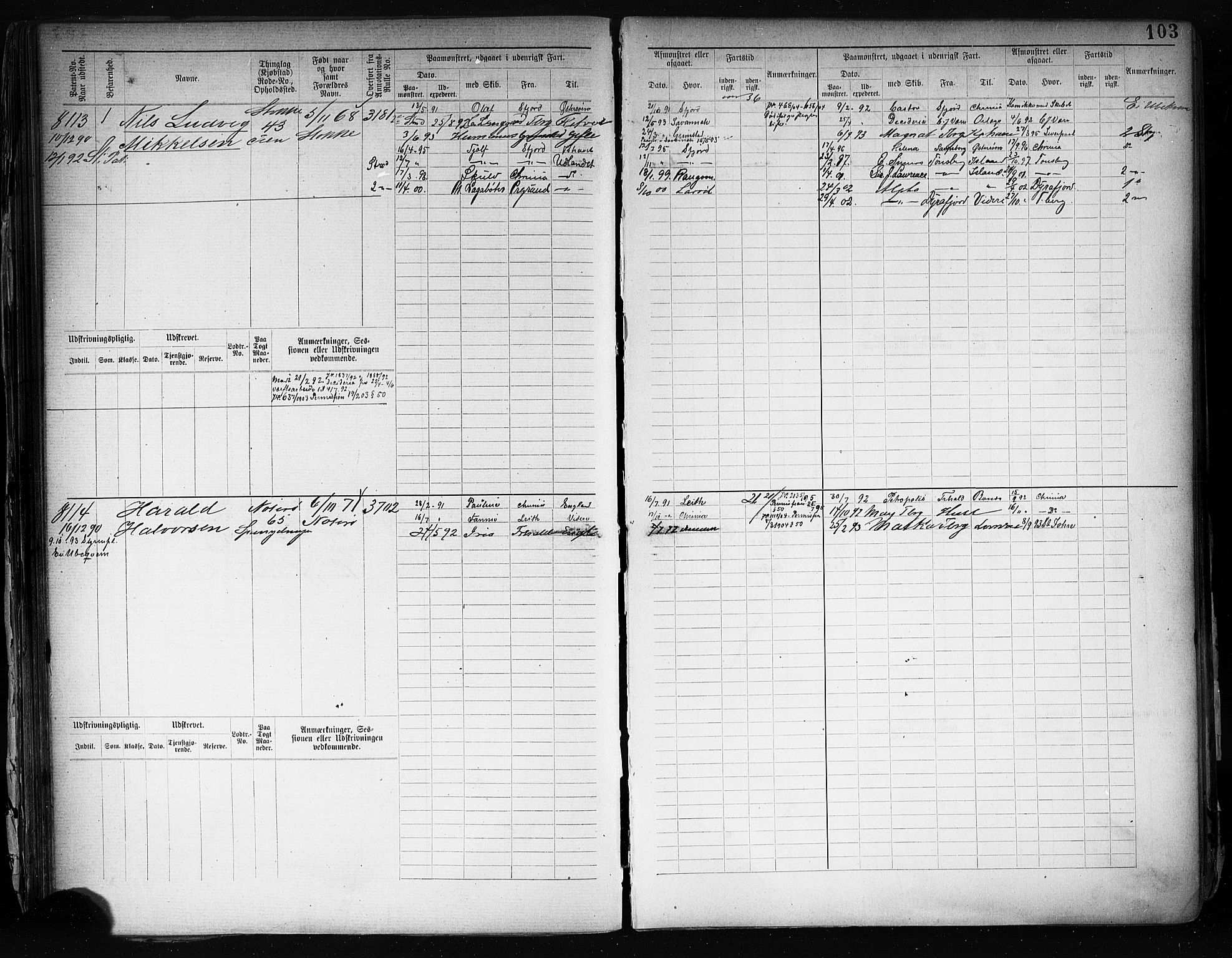 Tønsberg innrulleringskontor, SAKO/A-786/F/Fc/Fcb/L0008: Hovedrulle Patent nr. 7907-9042, 1889-1900, p. 106