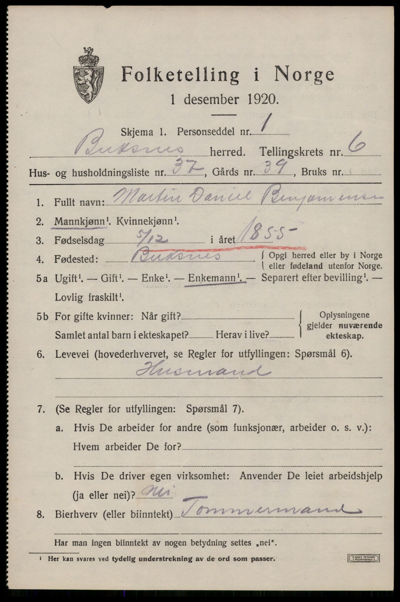 SAT, 1920 census for Buksnes, 1920, p. 6476