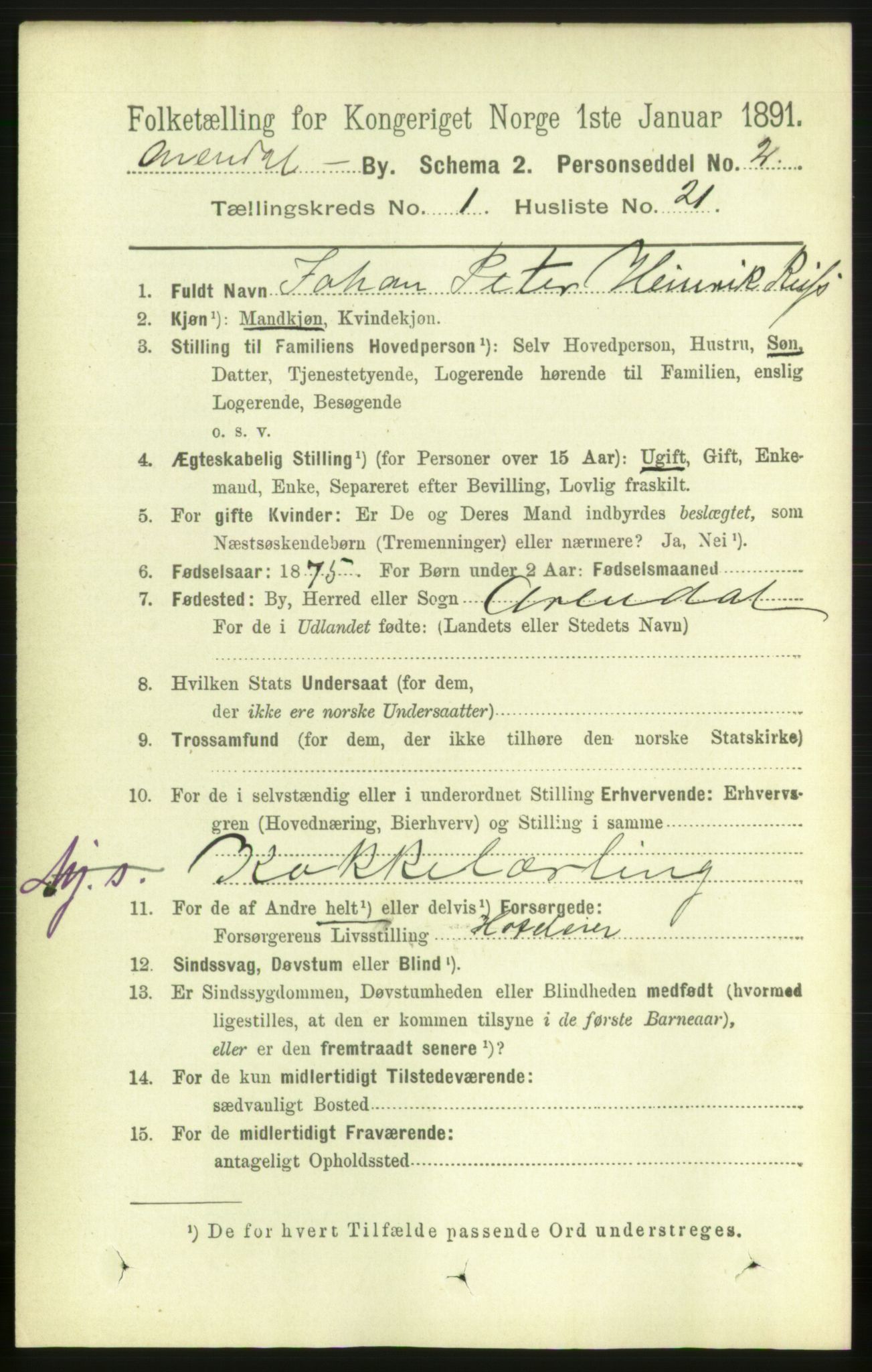 RA, 1891 census for 0903 Arendal, 1891, p. 1212