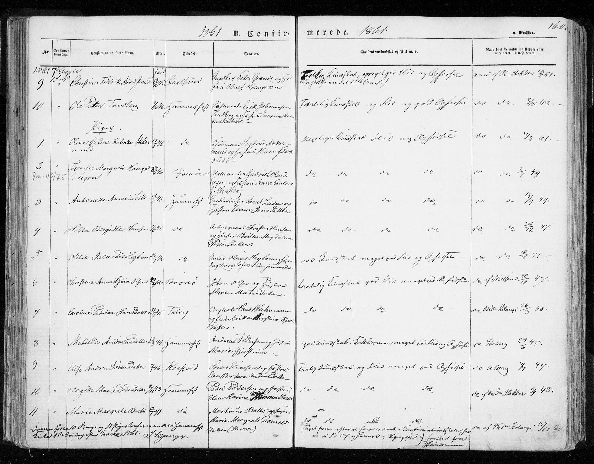 Hammerfest sokneprestkontor, SATØ/S-1347/H/Ha/L0005.kirke: Parish register (official) no. 5, 1857-1869, p. 160