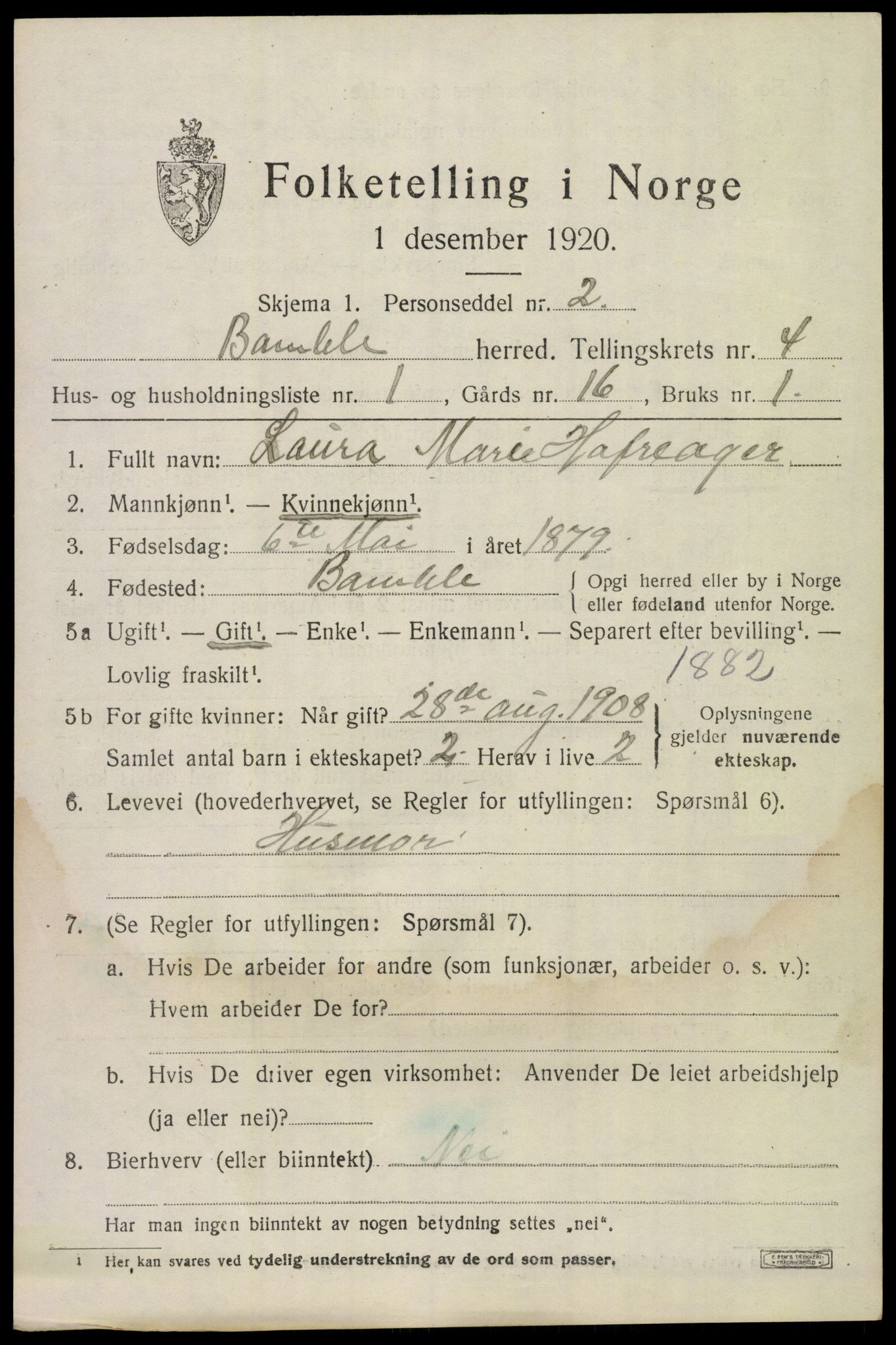 SAKO, 1920 census for Bamble, 1920, p. 4453