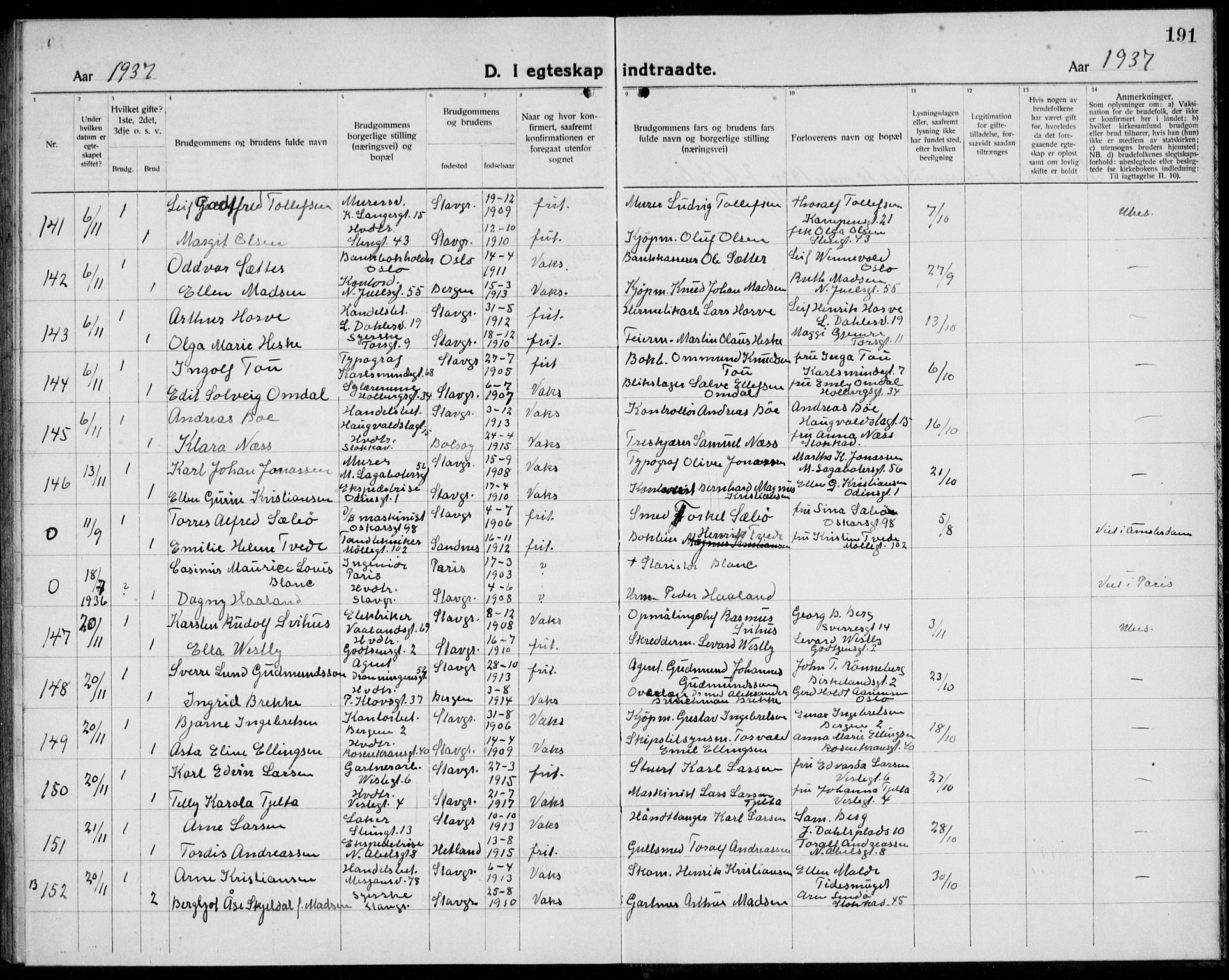 Domkirken sokneprestkontor, AV/SAST-A-101812/001/30/30BB/L0020: Parish register (copy) no. B 20, 1921-1937, p. 191