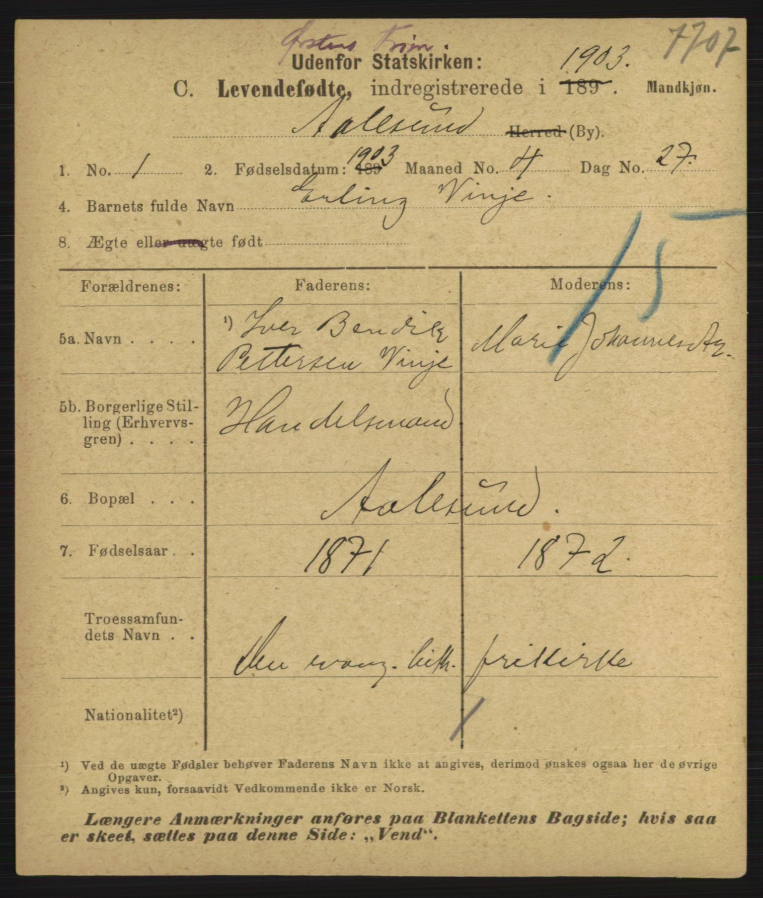 Statistisk sentralbyrå, Sosiodemografiske emner, Befolkning, AV/RA-S-2228/D/Df/Dfa/Dfaa/L0016: Romsdal amt: Fødte, gifte, døde., 1903, p. 479