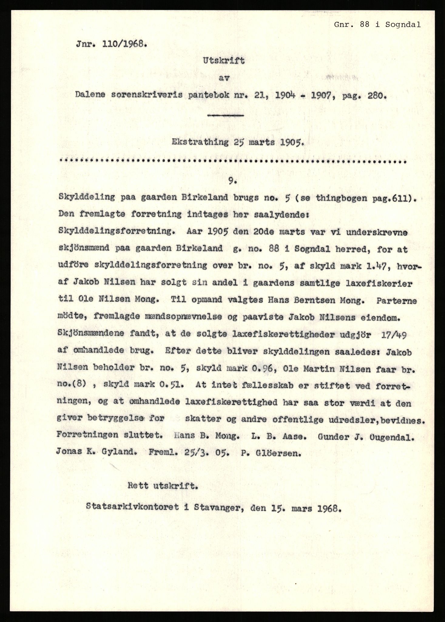 Statsarkivet i Stavanger, SAST/A-101971/03/Y/Yj/L0008: Avskrifter sortert etter gårdsnavn: Birkeland indre - Bjerge, 1750-1930, p. 160