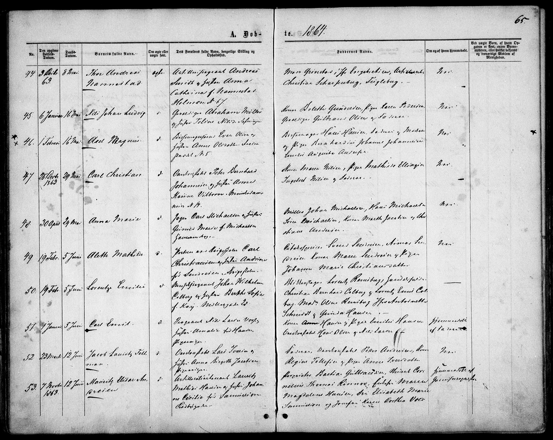 Garnisonsmenigheten Kirkebøker, SAO/A-10846/F/Fa/L0010: Parish register (official) no. 10, 1859-1869, p. 65