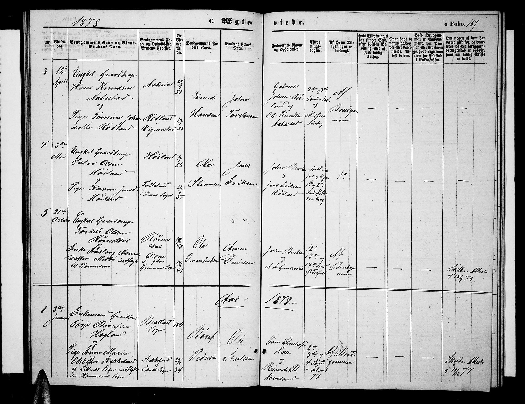 Nord-Audnedal sokneprestkontor, AV/SAK-1111-0032/F/Fb/Fba/L0002: Parish register (copy) no. B 2, 1856-1882, p. 167