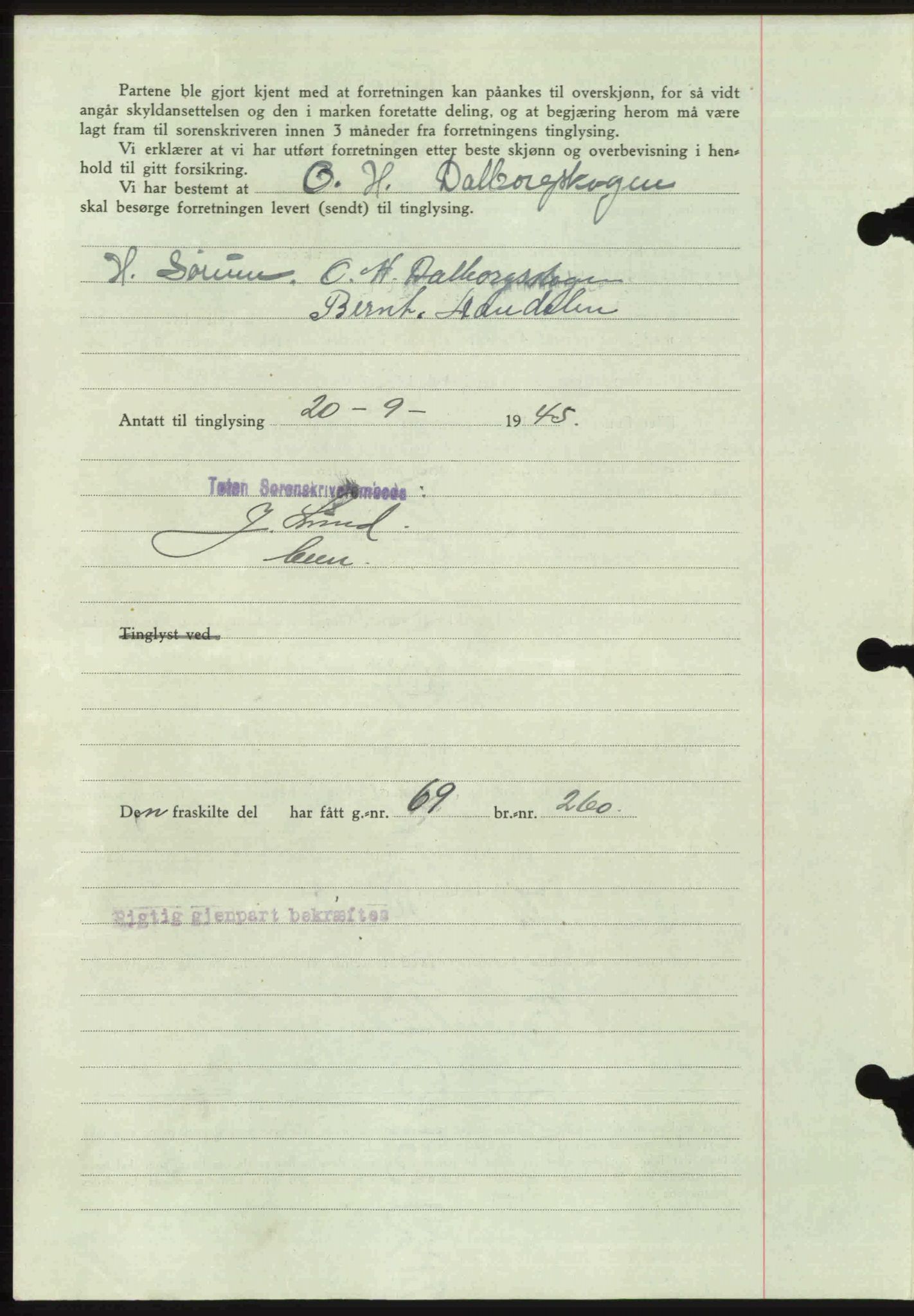 Toten tingrett, SAH/TING-006/H/Hb/Hbc/L0013: Mortgage book no. Hbc-13, 1945-1945, Diary no: : 1291/1945